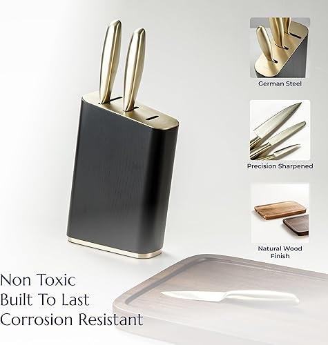 Miniatura 8 de JazzUpCo Juego de cuchillos de cocina alemanes de acero inoxidable con soporte y tabla de cortar de acacia, apto para lavavajillas, cuchillas Tabla