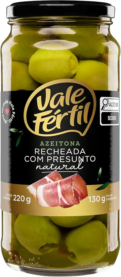 Azeitona Verde em Conserva Recheio Presunto Vale Fértil Vidro 130g