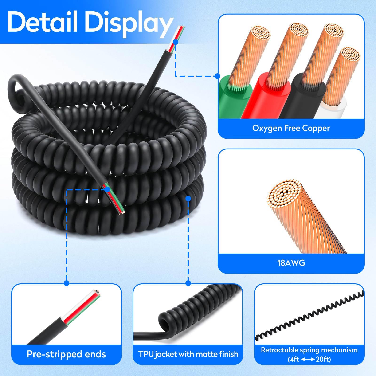 Cable retráctil de grado industrial de 4 conductores en espiral de 18 AWG, cable retráctil, cable de extensión de alimentación, cable elástico