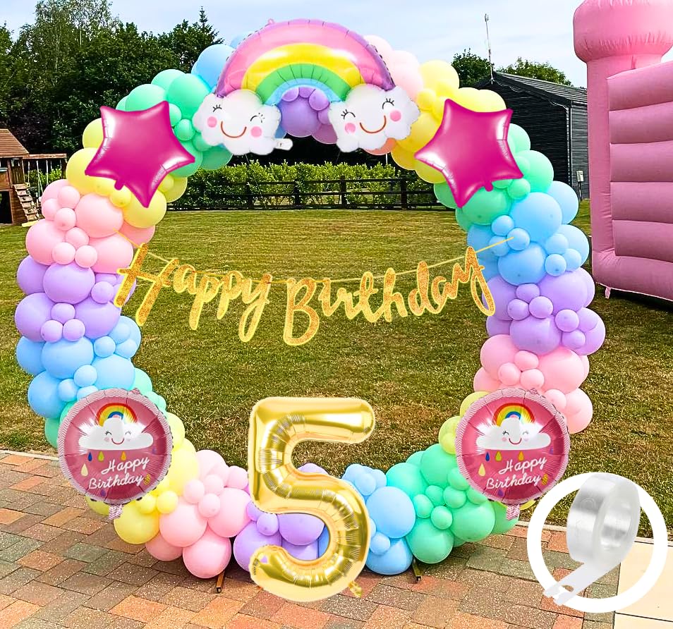 Flyloons Latex Rainbow Theme 5Th Birthday Decorations Kit Girls Boys Kids Baby Girl For 5 Year With Number Rainbow Pink Star Pink Purple Yellow Blue Green Pastel Balloons Happy Gold Banner, 58 Pcs-image-48