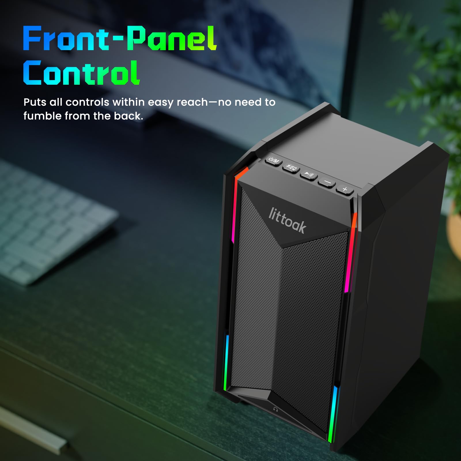 LITTOAK Altoparlanti per computer per musica e giochi, altoparlanti alimentati con adattatore CC per PC desktop o laptop, altoparlante desktop Bluetooth 5.3, 10 modalità RGB, ingresso AUX da 3,5 mm