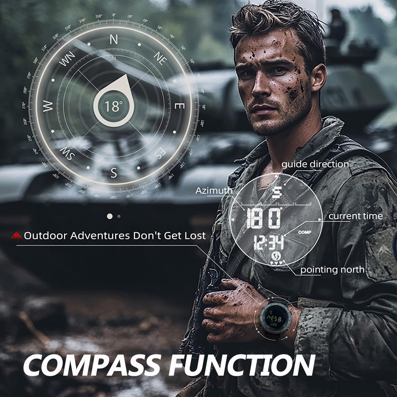 findtime Montre Militaire Étanche 3ATM - Podomètre, Boussole, Tracker d'Activité pour Homme/Femme/Enfant - Sport/Randonnée