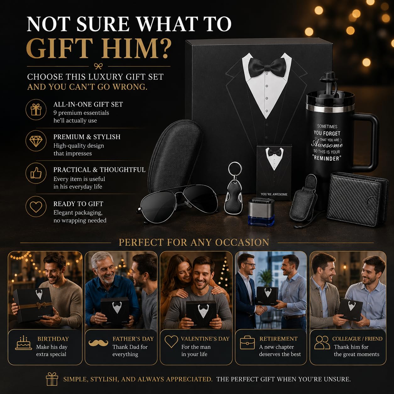Coffret Cadeau Homme 6 en 1 avec Mug Isotherme, Portefeuille, Lunettes de Soleil et Porte-Clés – Idée Cadeau Homme pour Papa, Mari, Copain, Anniversaire, Noël, Fête des Pères