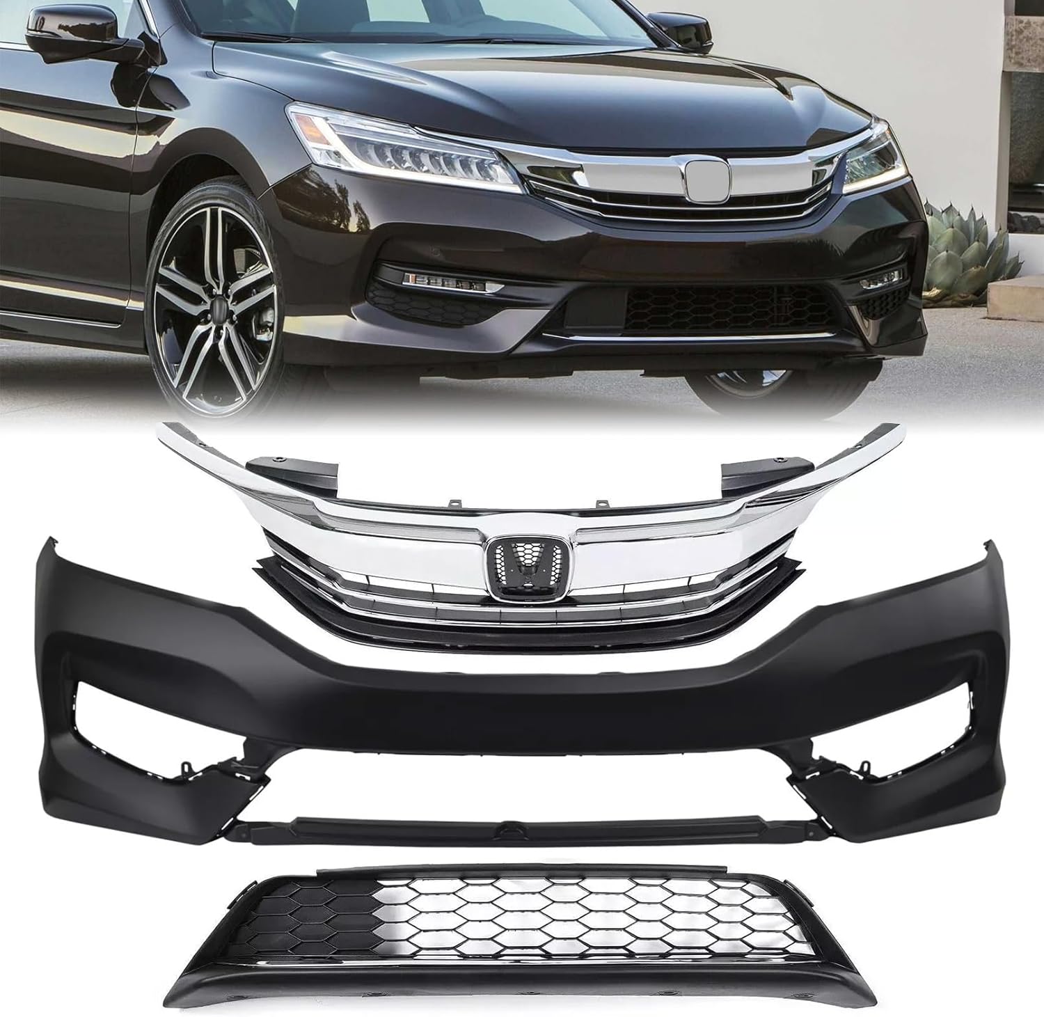 Front Bumper Upper & Lower Grille Fit For 2016 2017 Honda Accord Sedan Front Bumper Cover & Grille Kit Replacement
