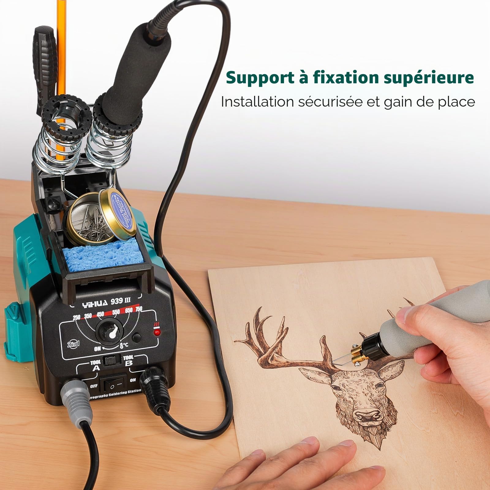 YIHUA 939-III Kit d'outils de pyrogravure Station de pyrogravure bois avec 2 stylos de pyrographique (type fil-pointe) avec 20 embouts de pyrogravure 2 bois de pyrographique (EU PLUG)
