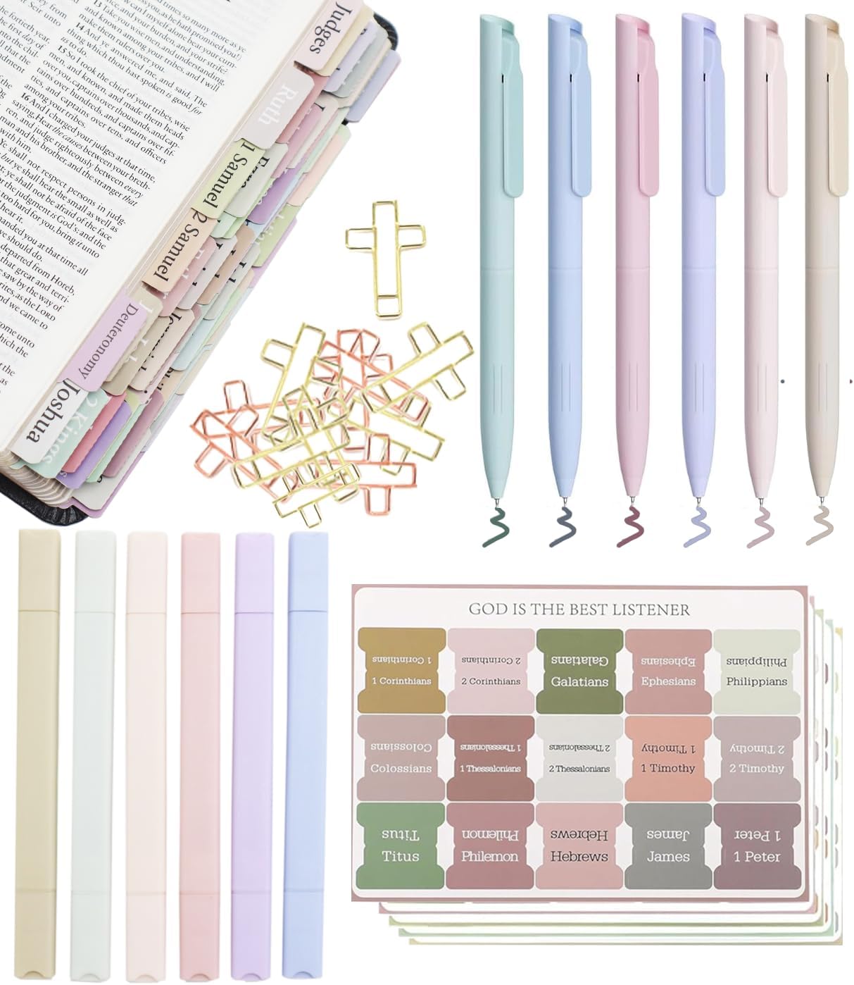 Bible Study Supplies, Bible Journaling Kit, Bible Cross Paper Clips, Bible Highlighters and Pens No Bleed, Bible Tabs, Bible Journaling Supplies