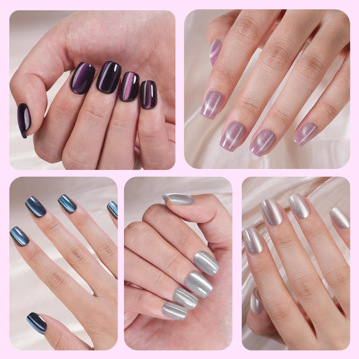 Plauva - 150 uñas postizas cuadradas cortas de gel suave, uñas postizas de ojo de gato con purpurina brillante para mujeres y niñas, 15 tamaños