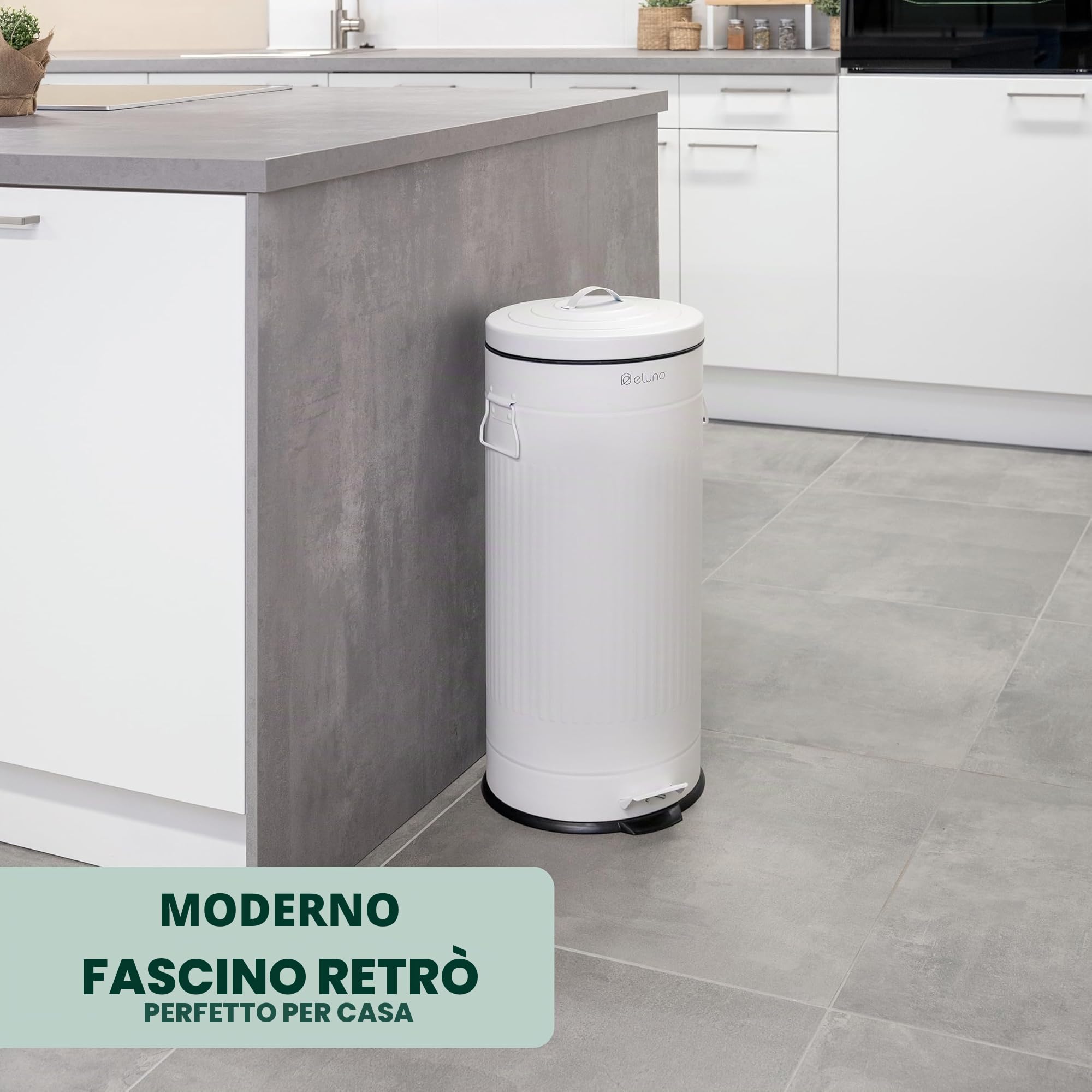 eluno Pattumiera vintage, pattumiera a pedale, da cucina, 30 litri, con secchio interno in plastica rimovibile (Bianco)