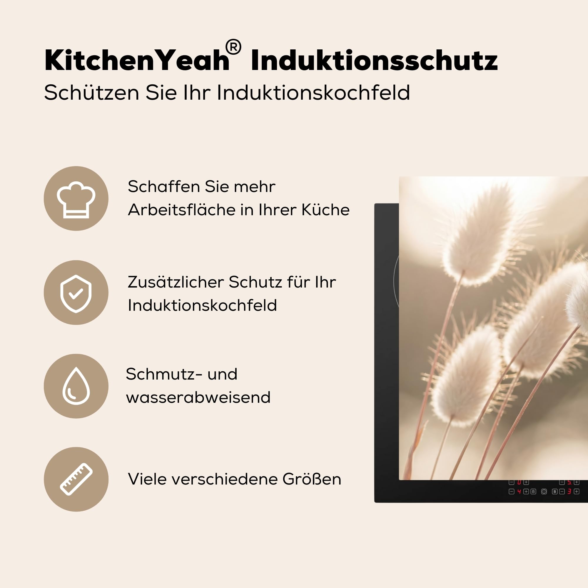 KitchenYeah© Herdabdeckplatte 81x52 cm Induktion Schutzmatte Küche Herdabdeckung Ceranfeld Induktionsmatte Cerankochfeld Abdeckung Haselschwanzgras - Weiß - Sonnenlicht