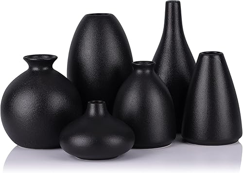 Jarrones pequeños de cerámica negra mate para decoración, paquete de 6 jarrones negros pequeños para flores, pequeños jarrones bohemios para centros