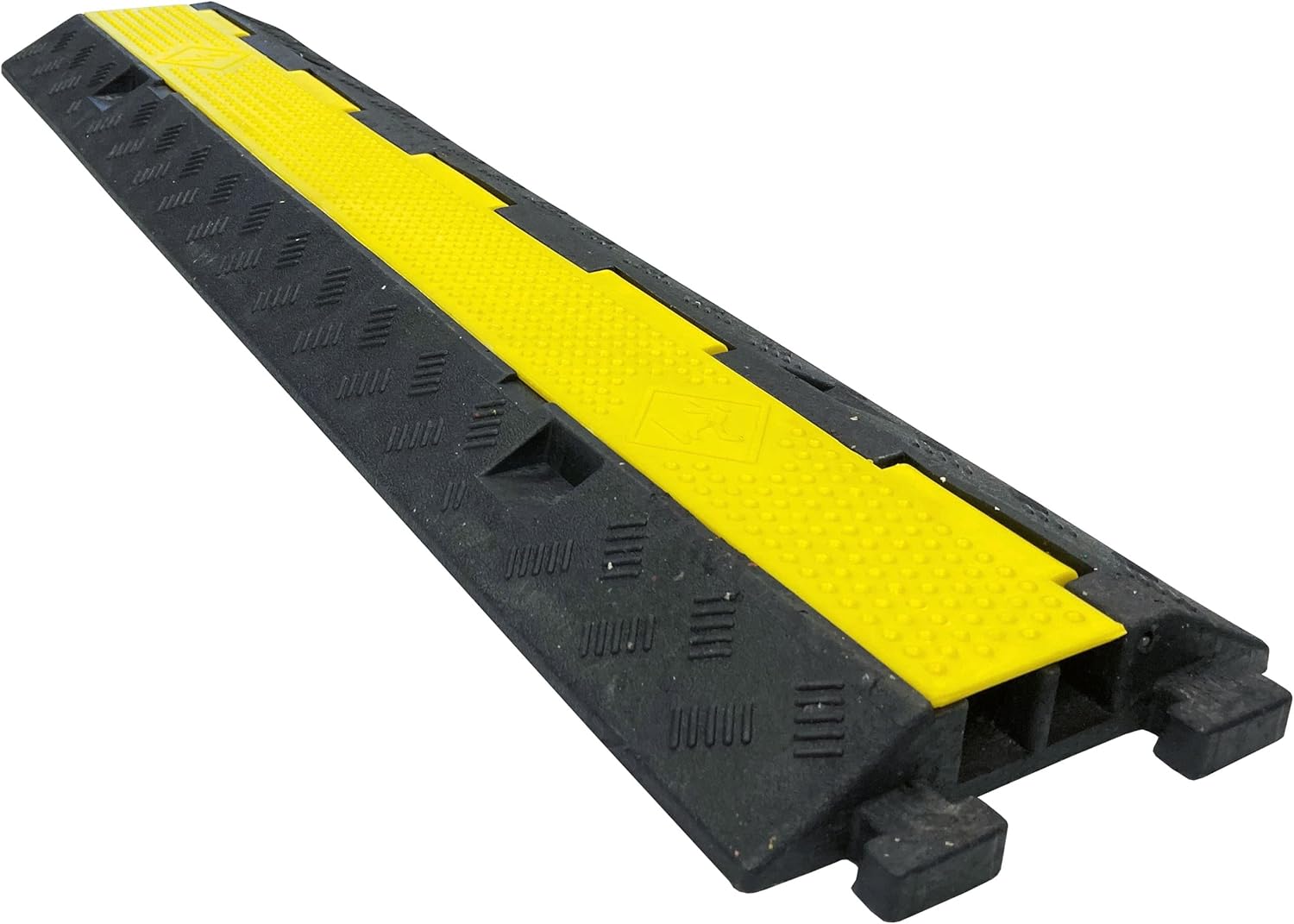 Electriduct 2 Channel Cable Protector Traffic Wire and Hose Ramp Cord Cover 1.12 Inch Channels Heavy Duty 25,000 lbs per Axle - Rubber Black Base/Yellow Lid