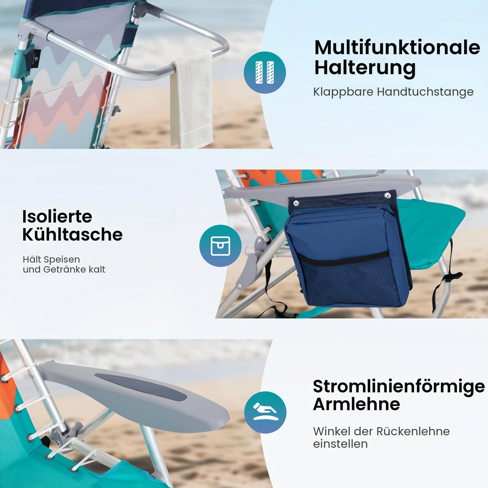 HIGH Point Sports Klappbarer Rucksack Strandstuhl-Set aus 2 STK Blau | Leichter Tragbarer Liegestuhl mit 250kg Tragfähigkeit, Campingstühle mit 4 Positionen für Erwachsene