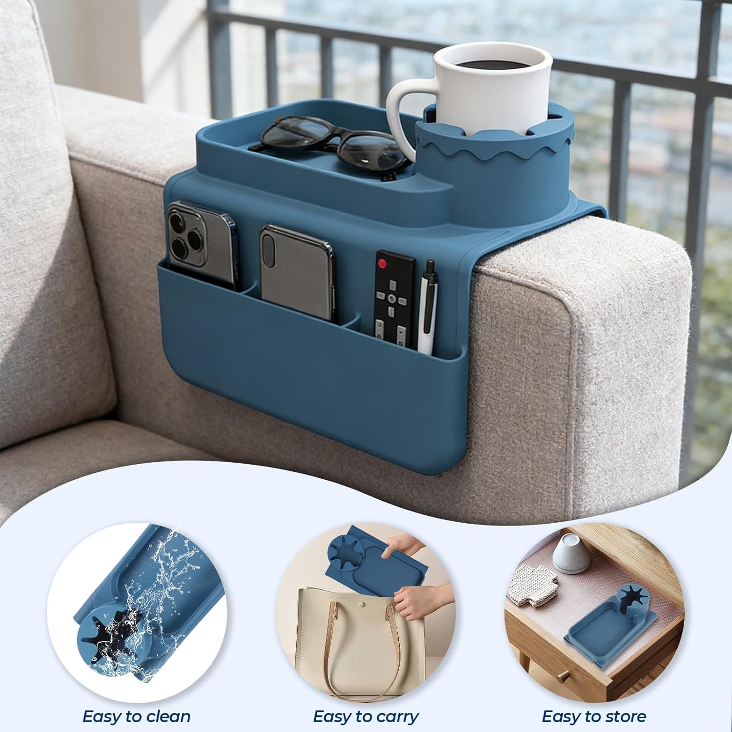 Silicone Couch Cup Holder Tray, 3-Side Sofa Armrest Organizer with Secure Gear-Shaped Locking Holder & Large Tablet Slot, Non-Slip Weighted Armchair Caddy, Couch Accessories (Navy Blue)