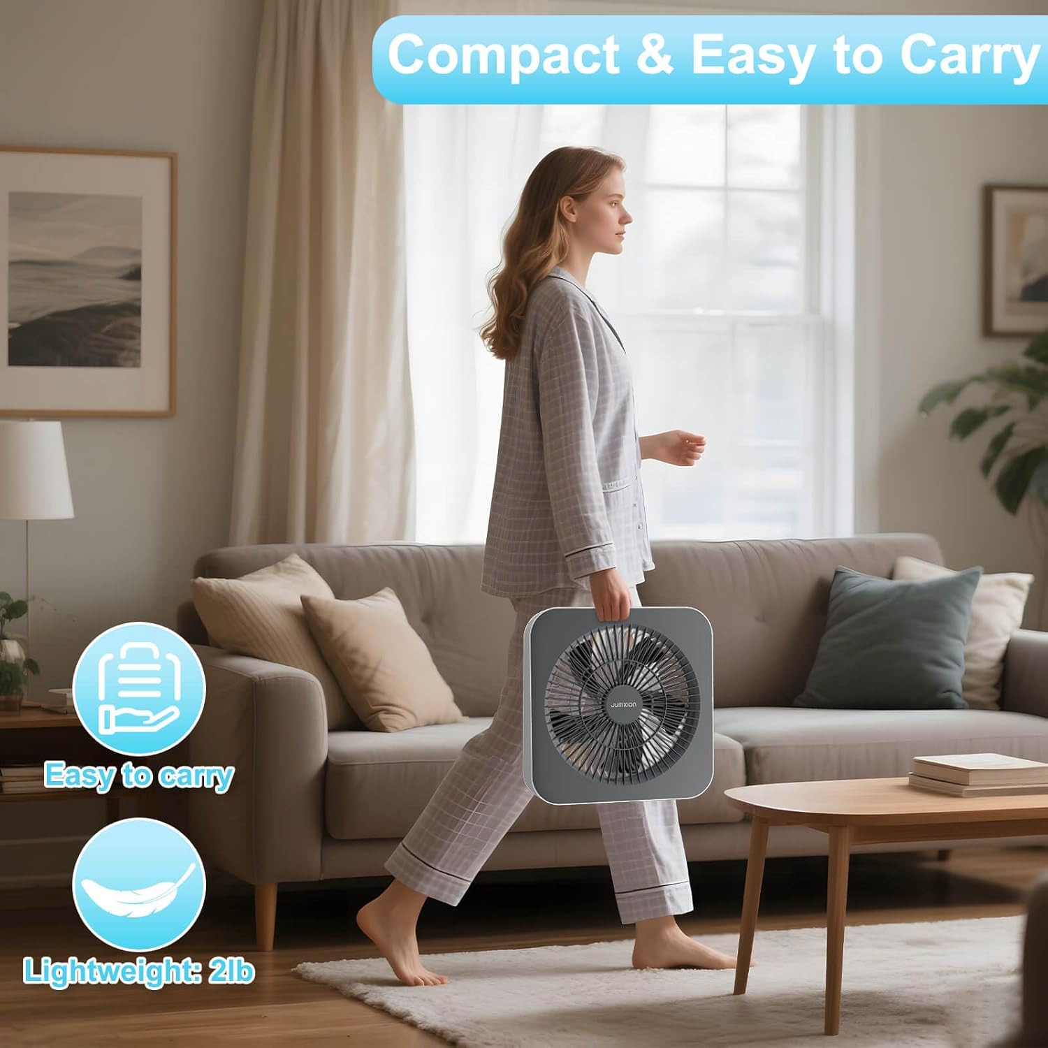 Small Box Fan, Window Fan with 3 Speeds & 8HRS Timer, Powerful Air Circulator Table Fan Powered by DC Adapter, 10 inch Square Desk Fan for Bedroom Office Kitchen Home Apartment