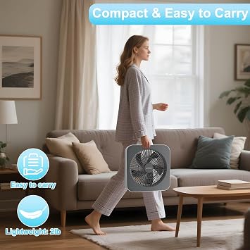 Small Box Fan, Window Fan with 3 Speeds & 8HRS Timer, Powerful Air Circulator Table Fan Powered by DC Adapter, 10 inch Square Desk Fan for Bedroom Office Kitchen Home Apartment