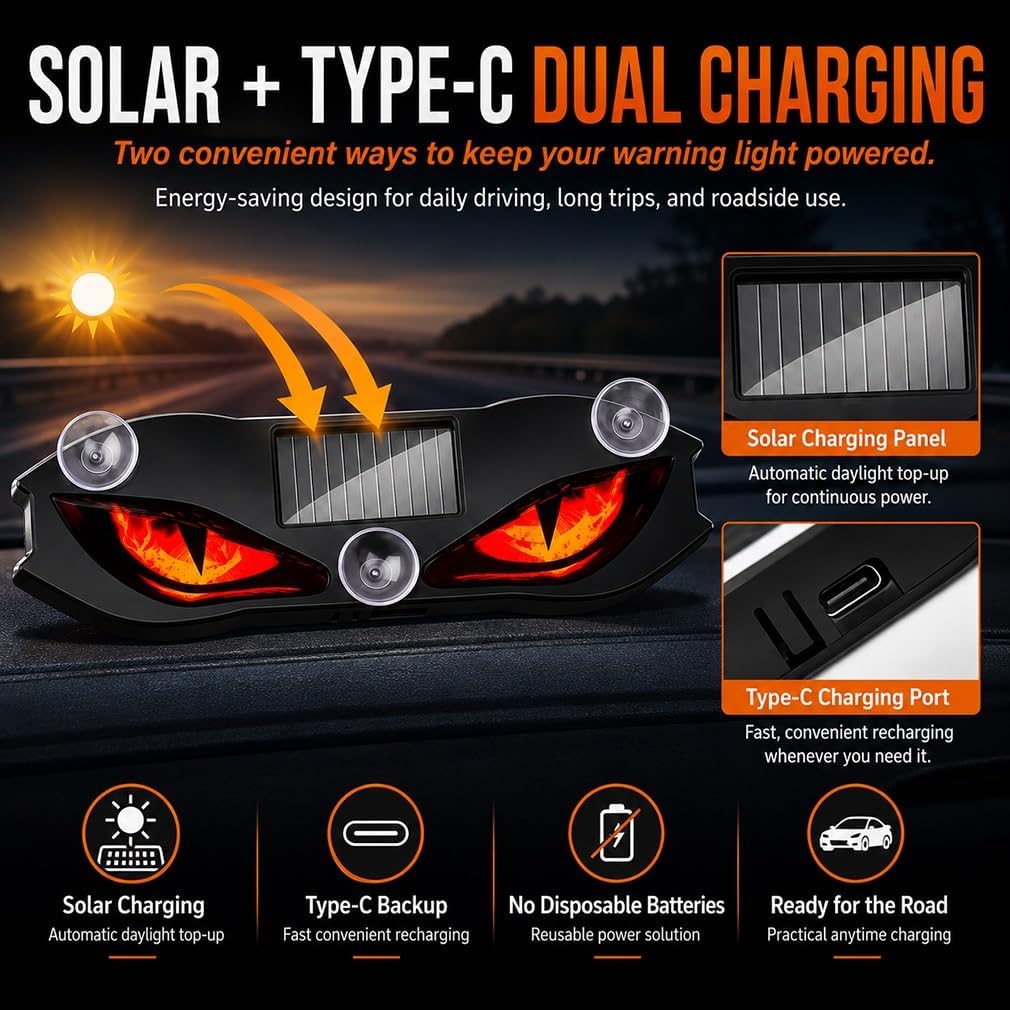Solar-Powered LED Car Warning Light Animated Devil Eyes for Car Windshield image 3