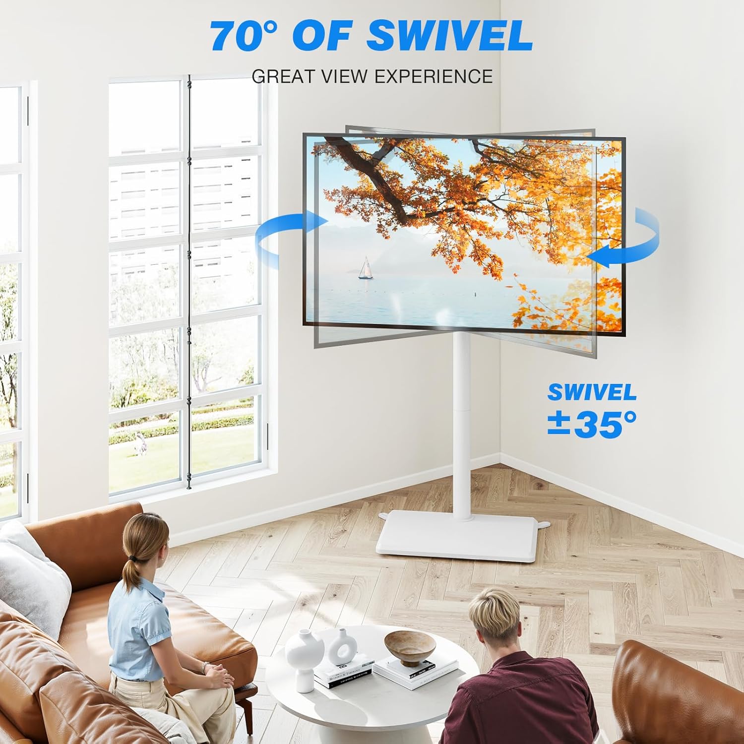 Rfiver Floor TV Stand with Mount for 32-60 inch TVs up to 88 lbs, Swivel Height AdjustableTV Floor Stand, Tall TV Stand with Wood Base, Saving Space Design for Living Room, Bedroom and Corner