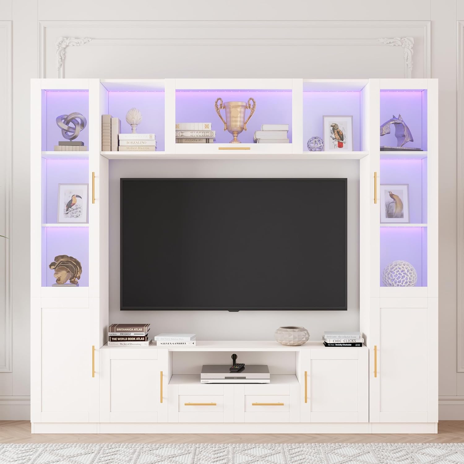 Bobve 94" Wall Unit Entertainment Center for TVs up to 70",Modern TV Console with APP LED Lights,Multifunctional TV Stand with Tempered Glass Door,Drawers & Shelves for Living Room,White