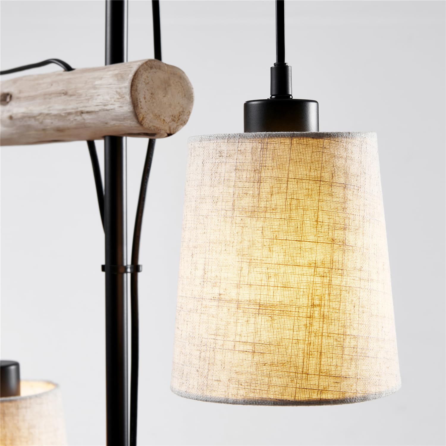 Holz Stehlampe Wohnzimmer, LED Stehleuchte mit 2 E27-Fassung, Vintage Design, Stoff Doppelschirm, Retro Stehlampe, Schwarz mit Naturholz