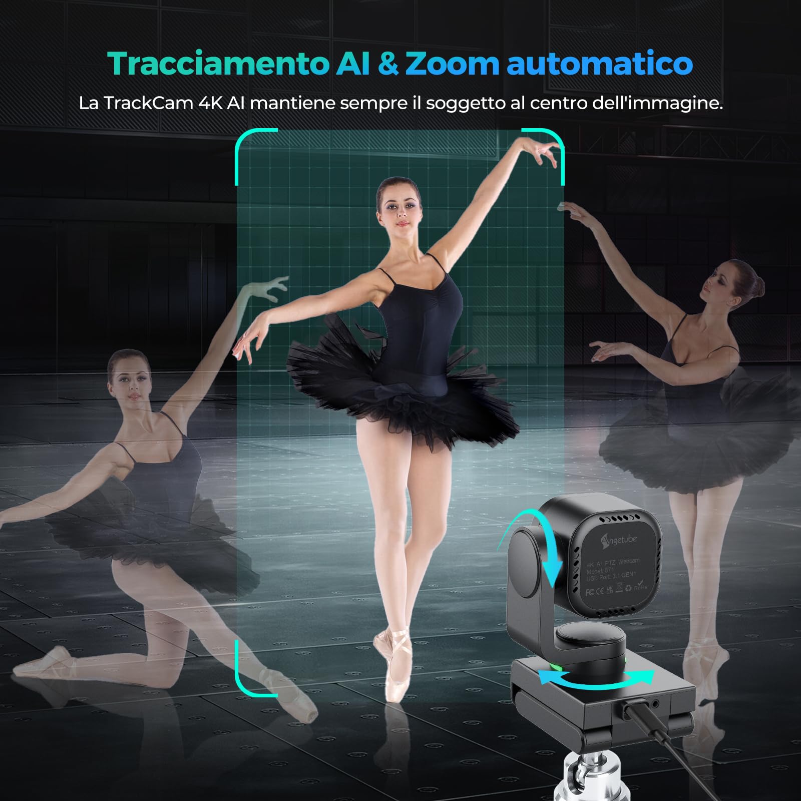 Angetube Webcam 4K con controllo tramite gesto e tracciamento AI – Webcam PTZ USB 3.0 per streaming con doppi microfoni e riduzione del rumore, autofocus TOF, 1080P 60FPS, HDR, per PC, laptop e Mac