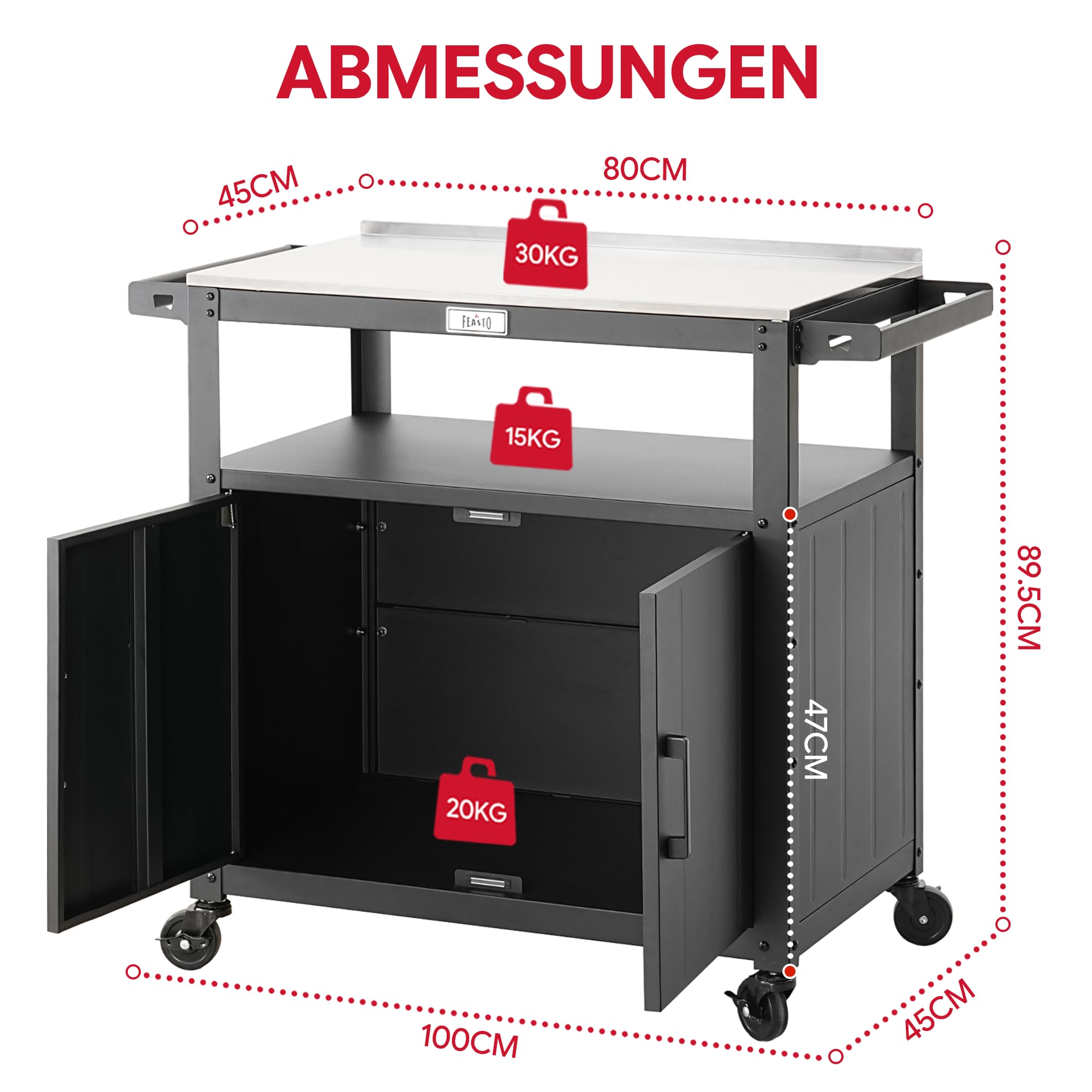 Feasto Servierwagen mit Rollen, Grillwagen mit Schrank, Edelstahlplatte, Outdoor Küche für Terrasse & Garten, 100x45x89,5 cm