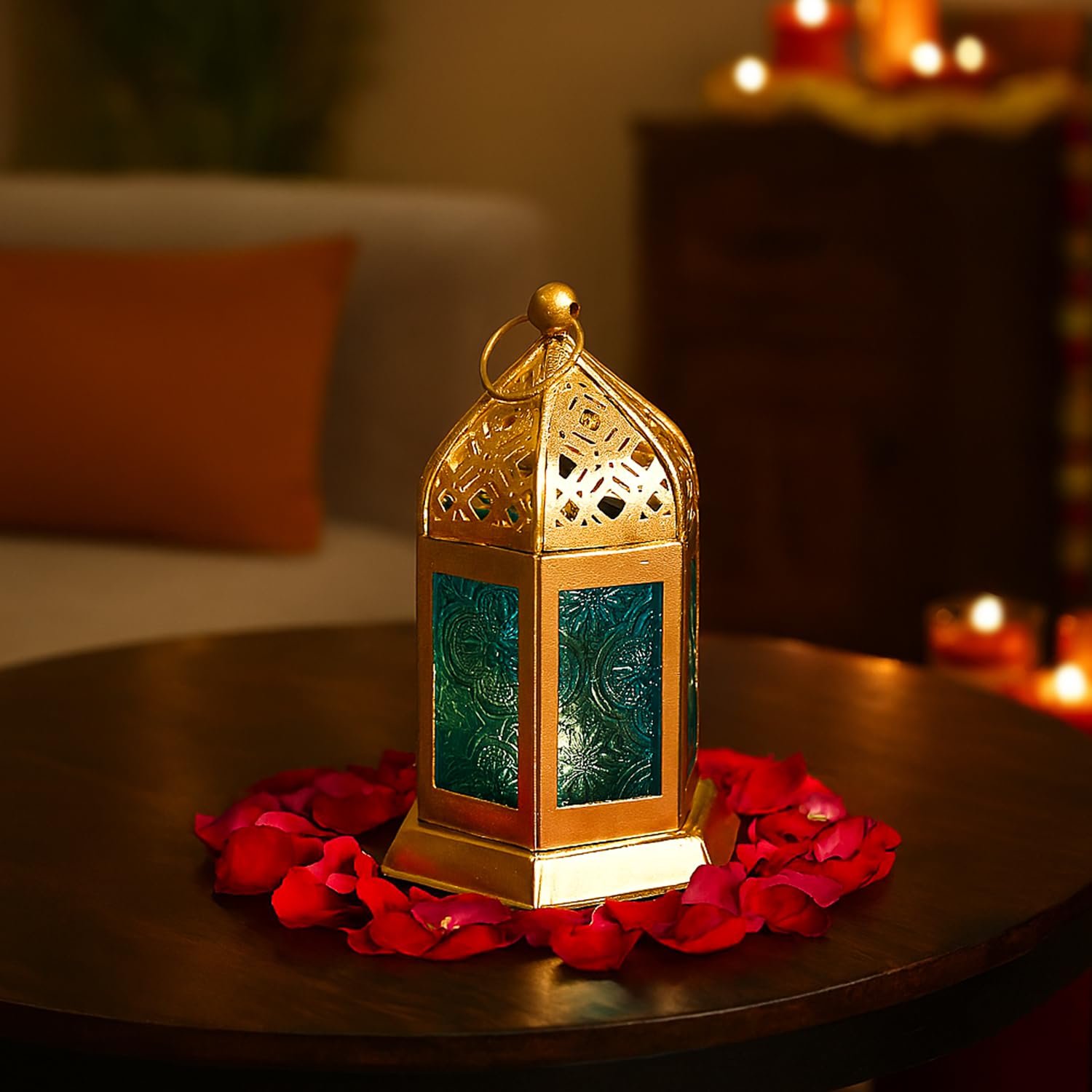 MARKET 99 Metal+Glass Moroccan Lantern With Embosed Glass | For Diwali, Christmas, Birthday, and Wedding | Decorative Candle Holder for Home Decor & Festive Season | Golden & Blue-image-21