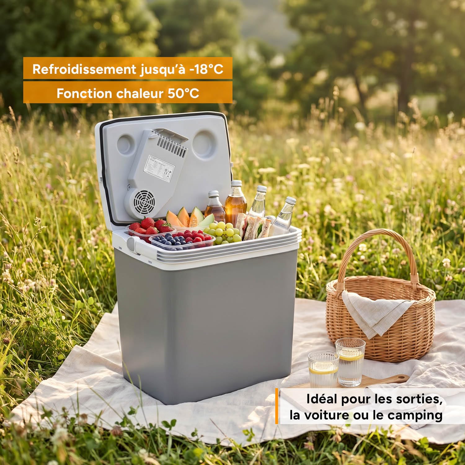 TZS First Austria - Glacière Électrique 32L - Triple Alimentation avec USB-C PD 3.0 - Refroidissement & Chauffage - 12V/230V/USB-C - Mini-Bar Mobile - Gris