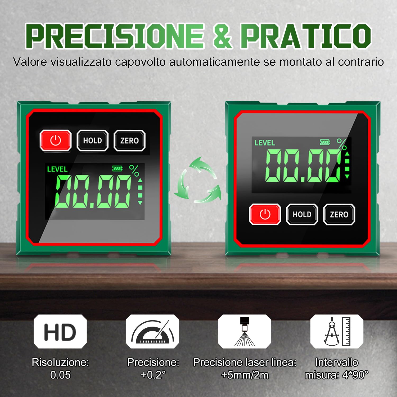 Livella Digitale, Goniometro Digitale con Laser, Elettronico Angle Finder 4x90° con LCD, 4 Lati Magnetici per Ricarica Inclinometro Livella Impermeabile, Ideale per Falegnami