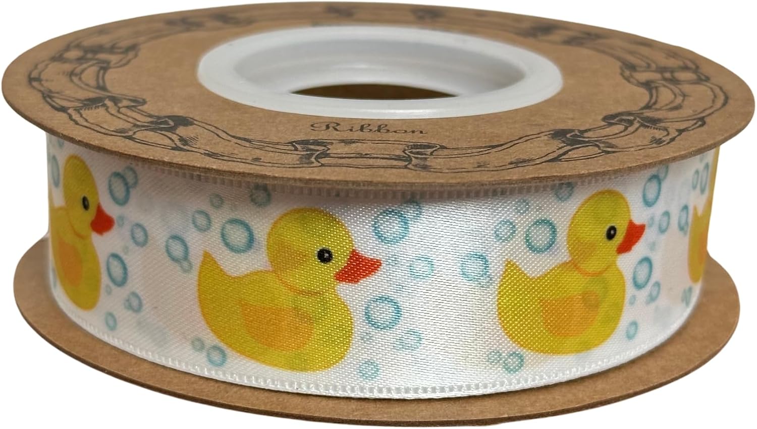 Rubber Duck Satin Craft Ribbon - 1" x 25 Yards, White Ribbon with Yellow Rubber Duckies, Christmas, Birthday, Baby Shower, Gift Bow, Diaper Cake, Hair Bows, Gender Reveal, Valentine's Day, Easter