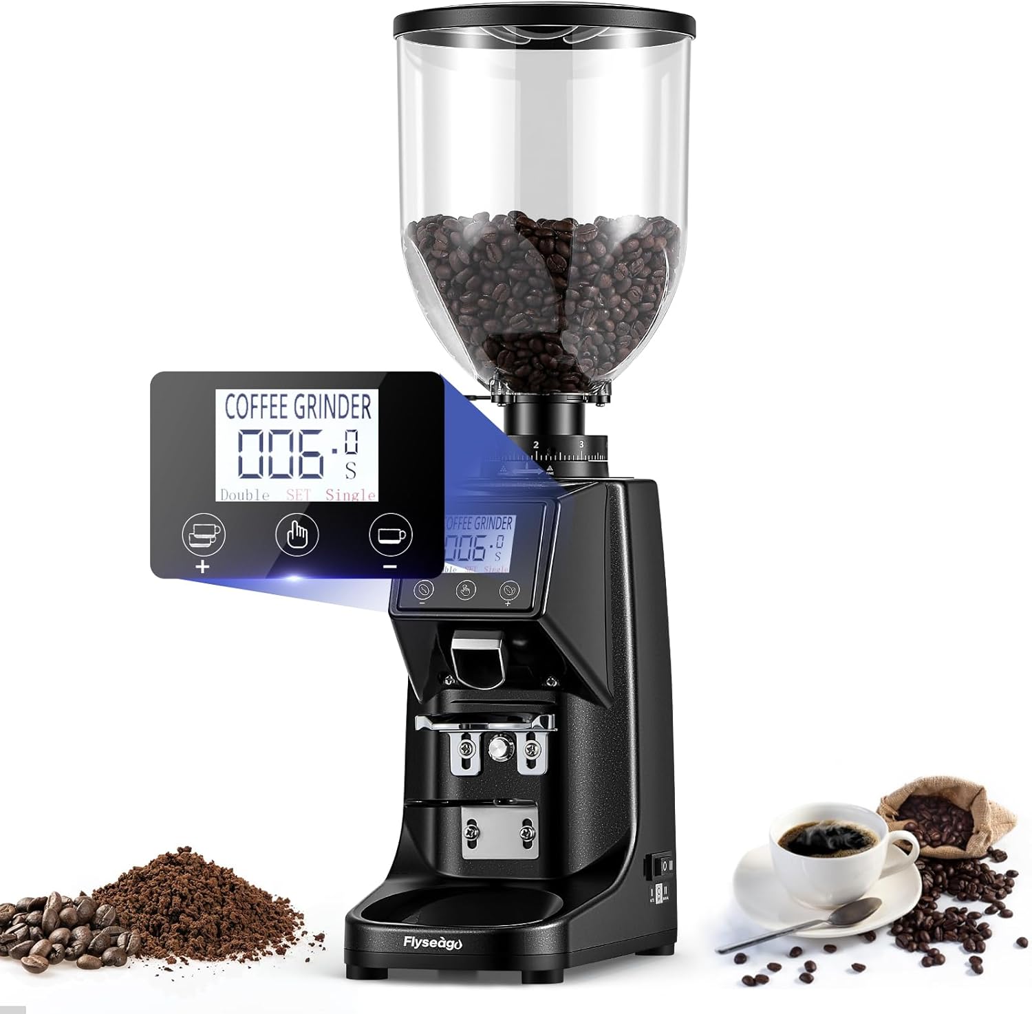 Commercial Coffee Grinder, Stainless Steel 64mm Flat Burr, 8 Grind Settings with Digital Touch Screen, Heavy Duty for Espresso/French Press