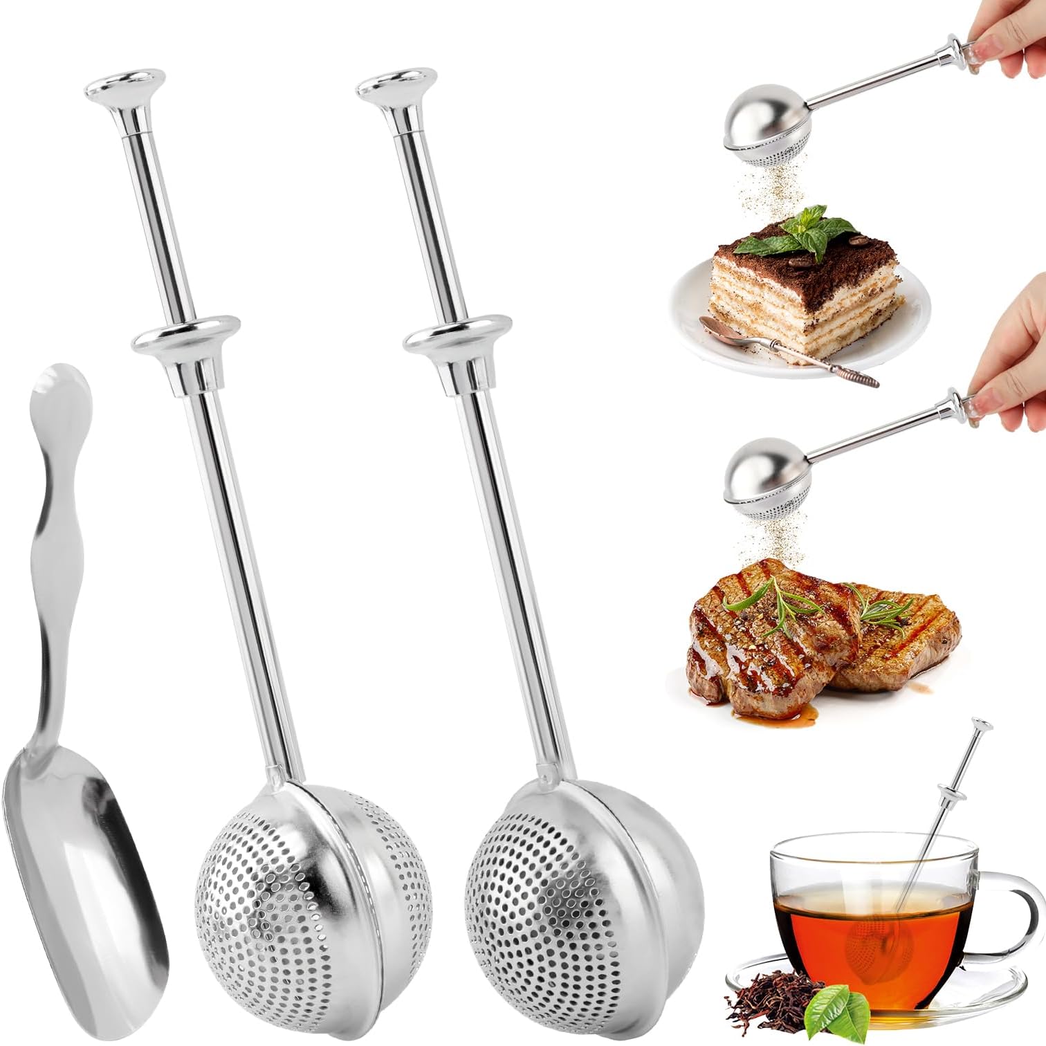 3pcs Powdered Sugar Shaker Duster Flour Dispenser Shaker Stainless Steel Wand Sugar Shakers Duster Teas Fine Mesh Tea Ball (COLOR:silver)