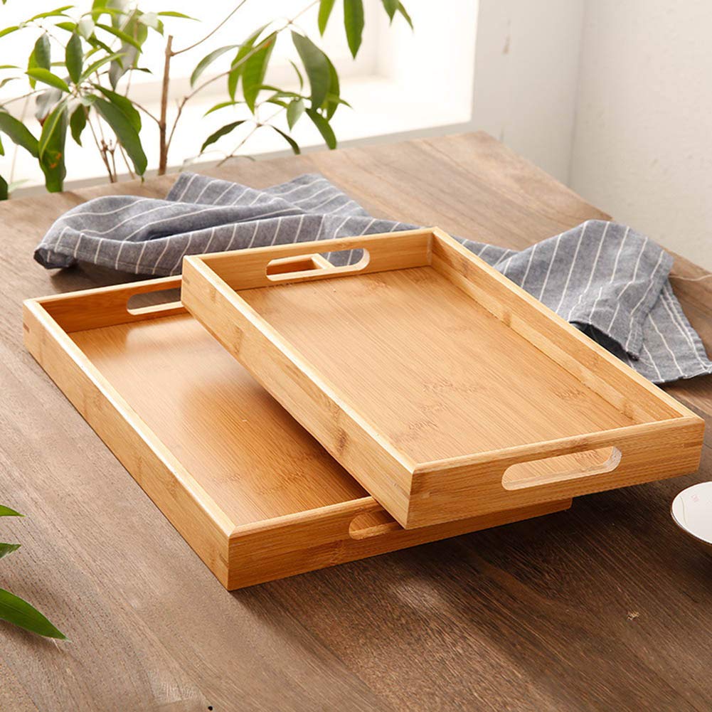 Plateau en bois - Plateau de service en bambou avec poignées pour petit déjeuner - Grand bois ottoman (38 x 25 x 4 cm)