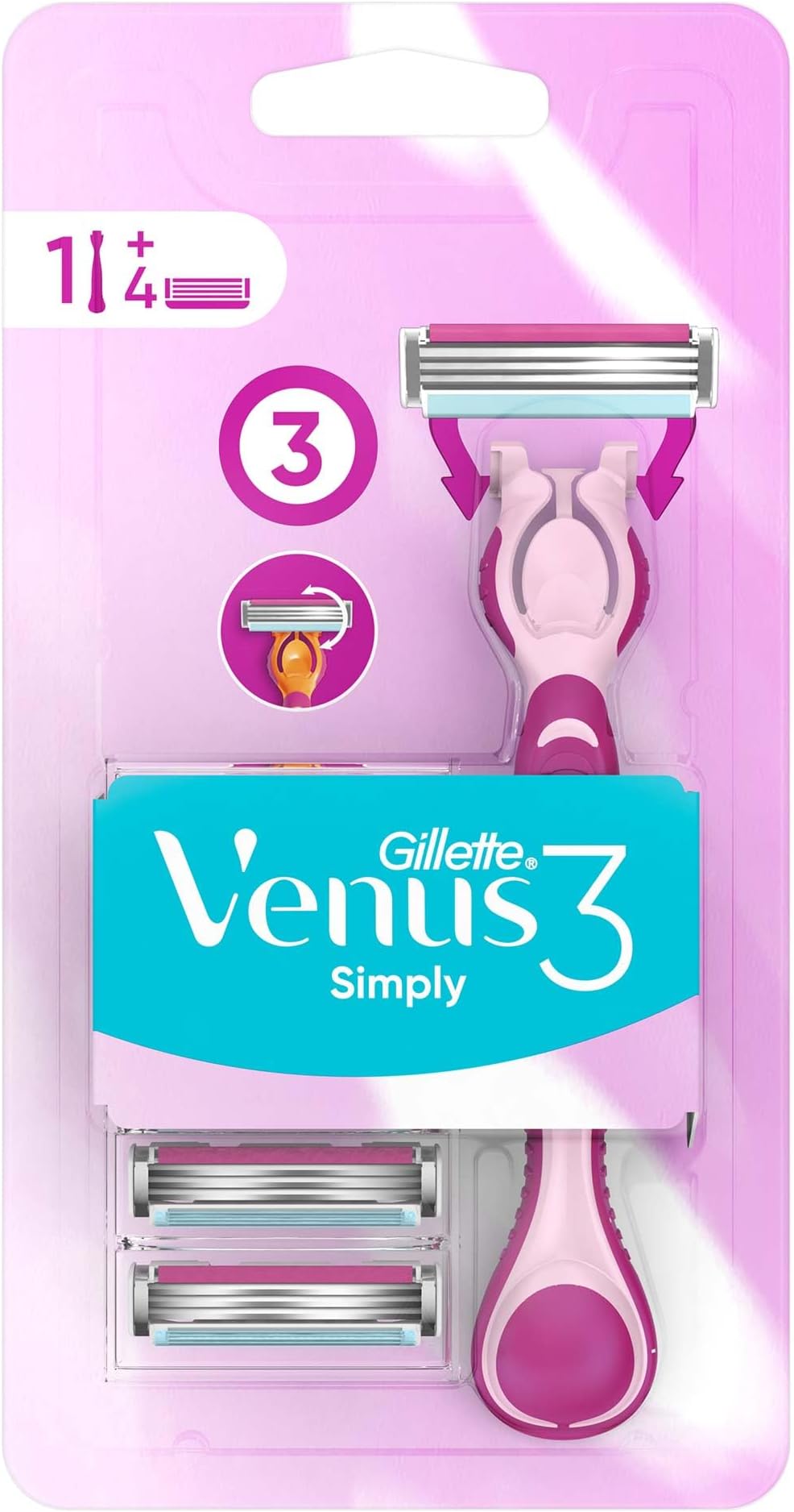 Gillette Venus 3In1 Refillable Women's Smooth Razor, 1 Handle With 4 Blade Refills
