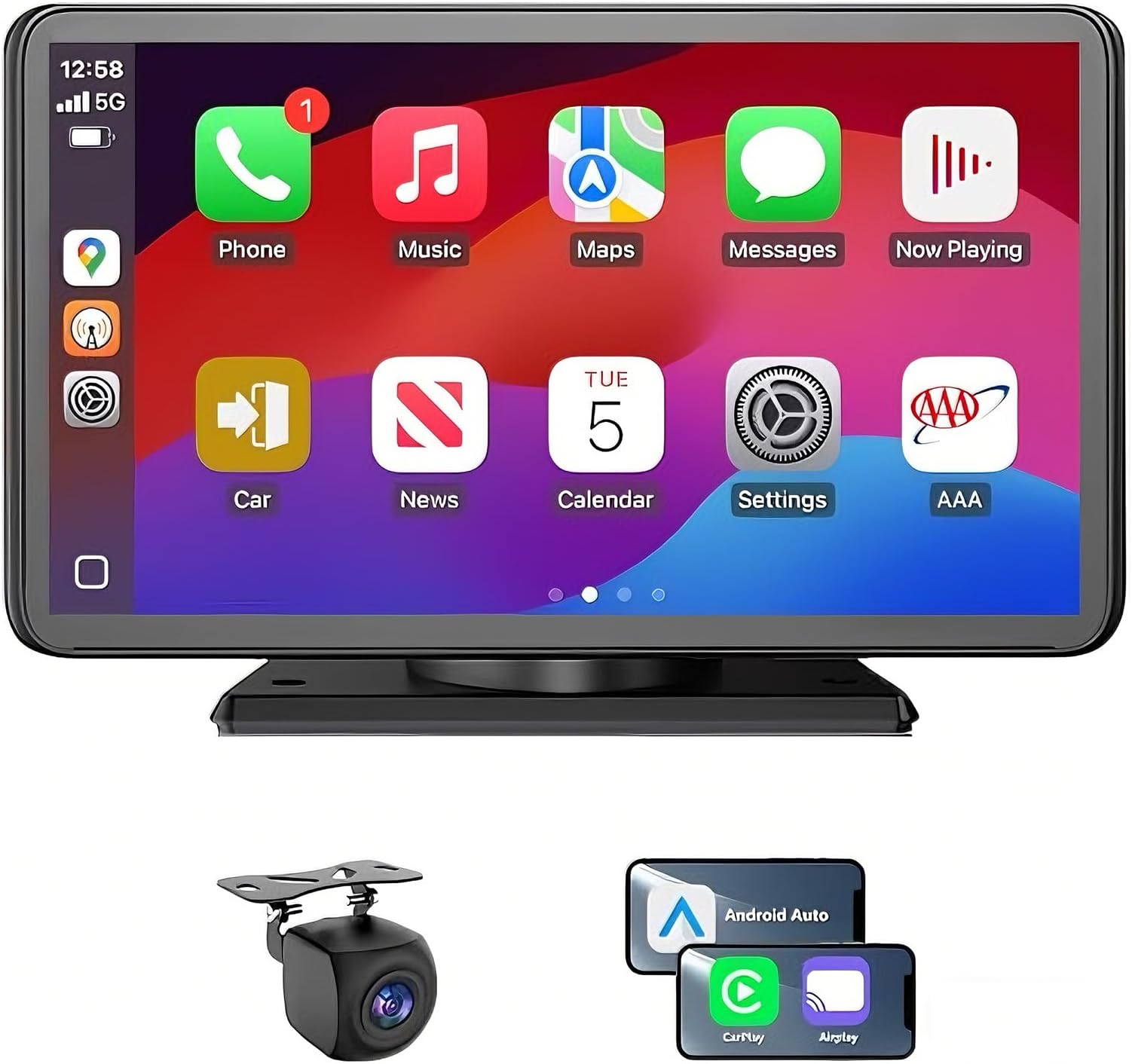 7" Wireless CarPlay Screen for Car - Apple CarPlay & Android Auto Portable Touch Screen with Backup Camera, Bluetooth, FM Transmitter, Voice Control for All Vehicles (Black)