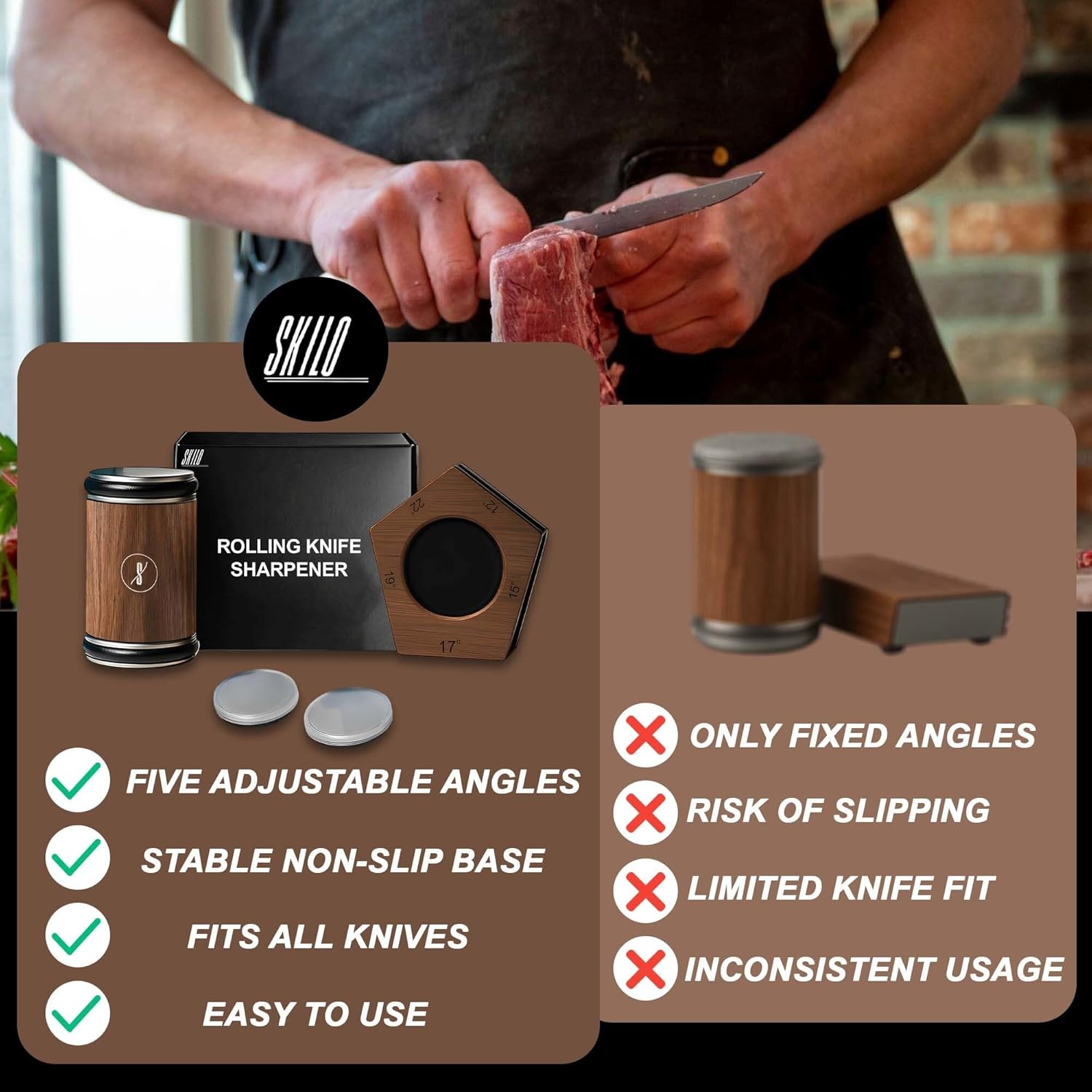 SKILO Rolling Knife Sharpener Made of Black American Walnut - Tumbler Knife Sharpener Knife Sharpening With Diamonds & Ceramic for Steel of Any Hardness With Magnetic Angle