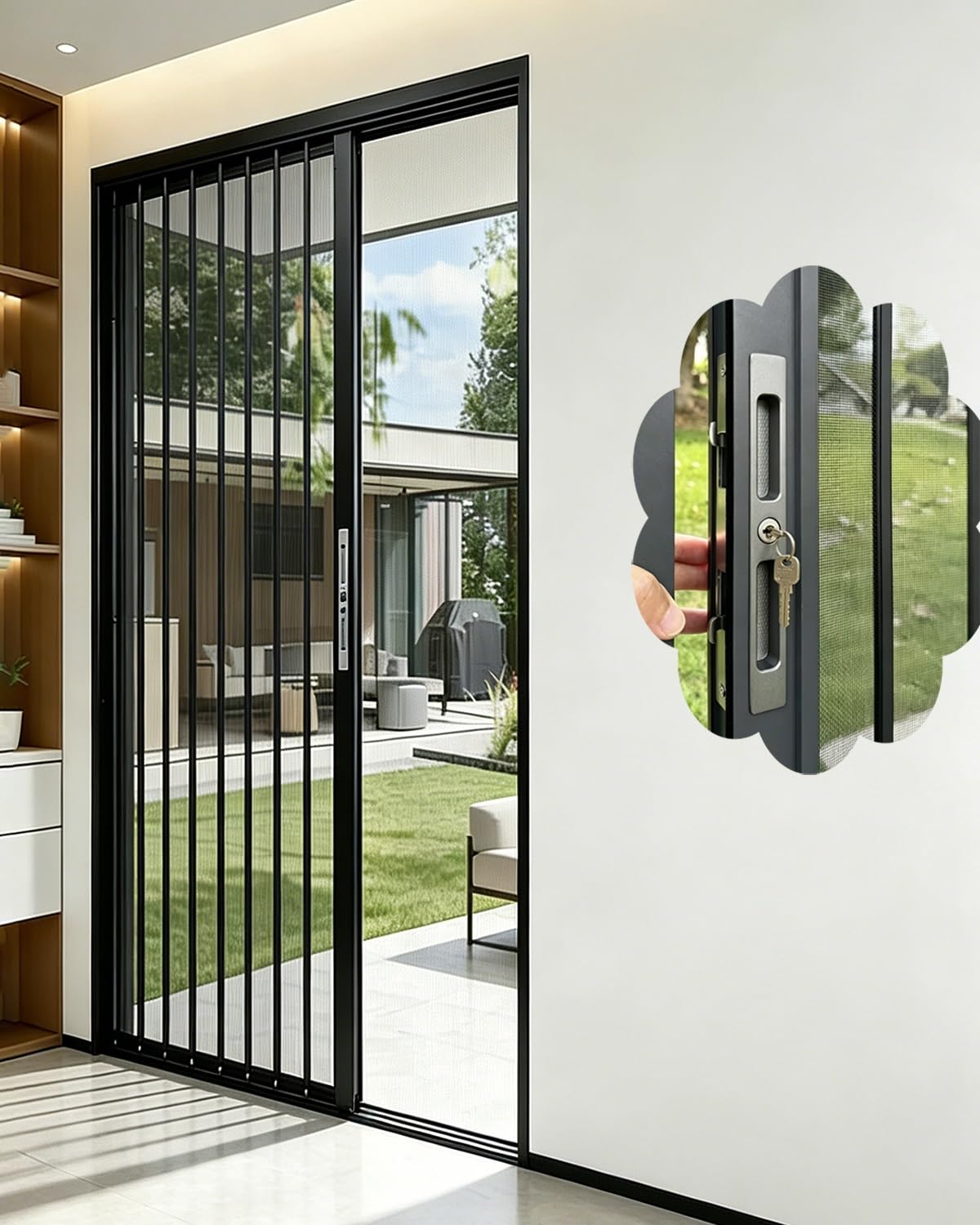 Jievmrs Mesh Sliding Folding Door with Lock & Key, Aluminum Frame Interior Accordion Doors for Exterior, Vented Room Divider Foldable Retractable Screen Gate(54x80in(137x203cm))