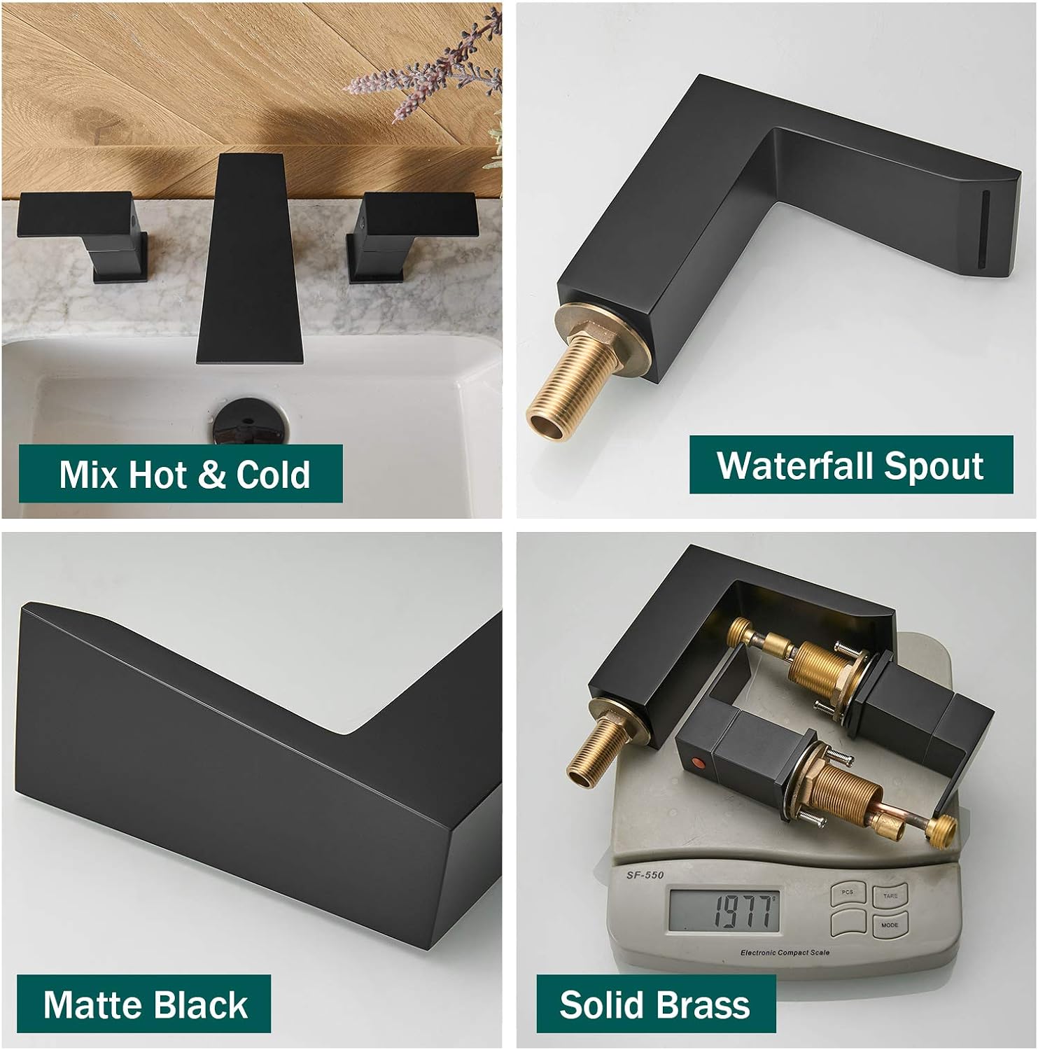 Hoimpro Brass 3 Holes 8 Inch Widespread Bathroom Faucet, Waterfall Two Handles Bathroom Sink Faucet Lavatory Vanity Sink Faucet with Supply Hoses, Brass, Matte Black