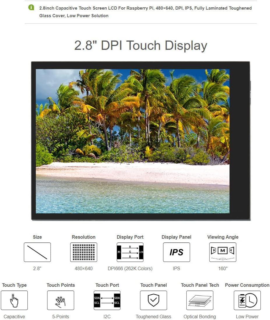 Waveshare 2.8inch Screen LCD Compatible with Raspberry Pi 4B/3B+/3B/2B/B+/A+/Zero/Zero W/WH/Zero 2W 480×640 Resolution DPI IPS 5-Points Capacitive Touch Control Optical Bonding Toughened Glass Cover