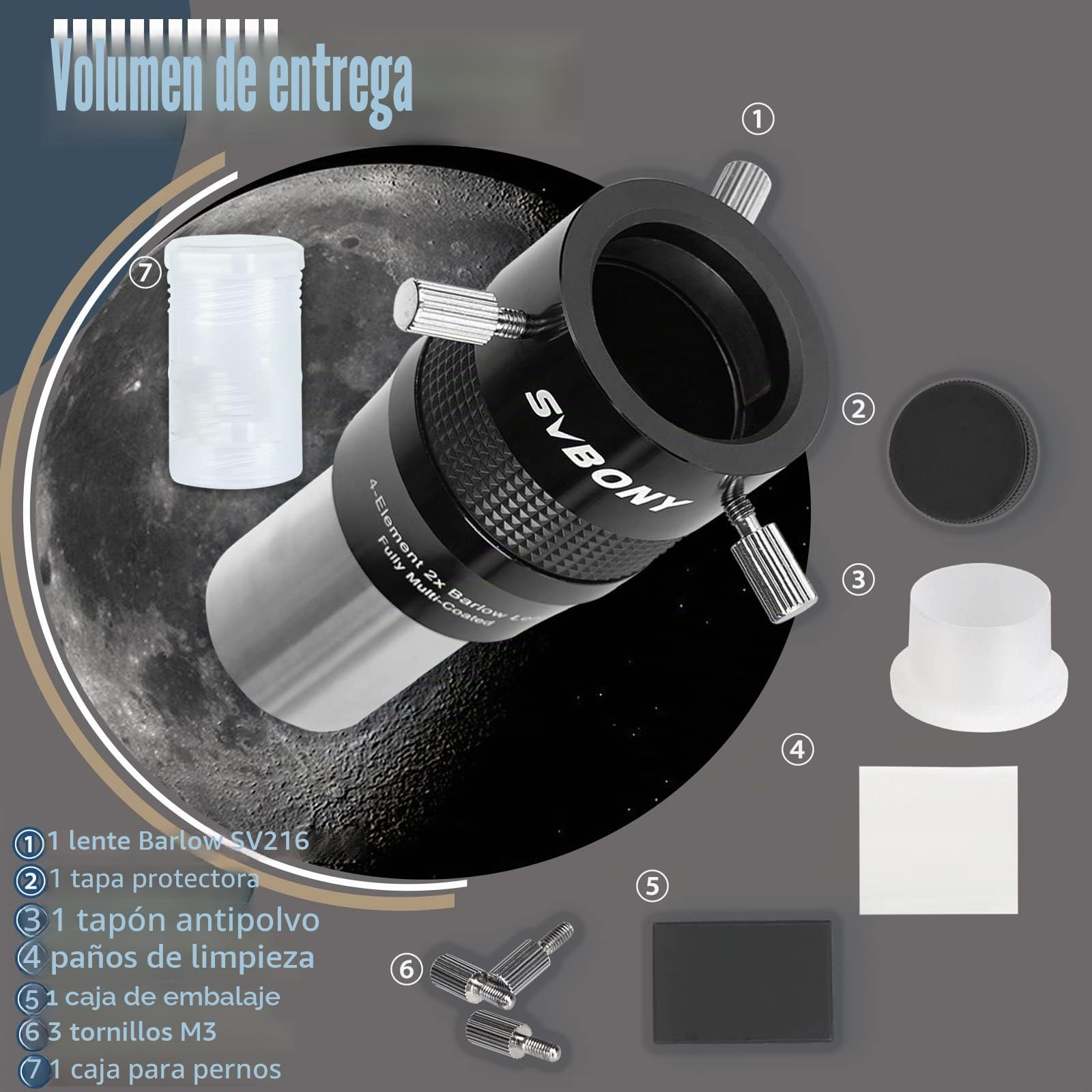 Svbony SV216 Lente Barlow 2x, 1.25" Metal Barlow 4 Elementos Apocromática FMC Lente Telescopio para Fotografía Planetaria y Observación