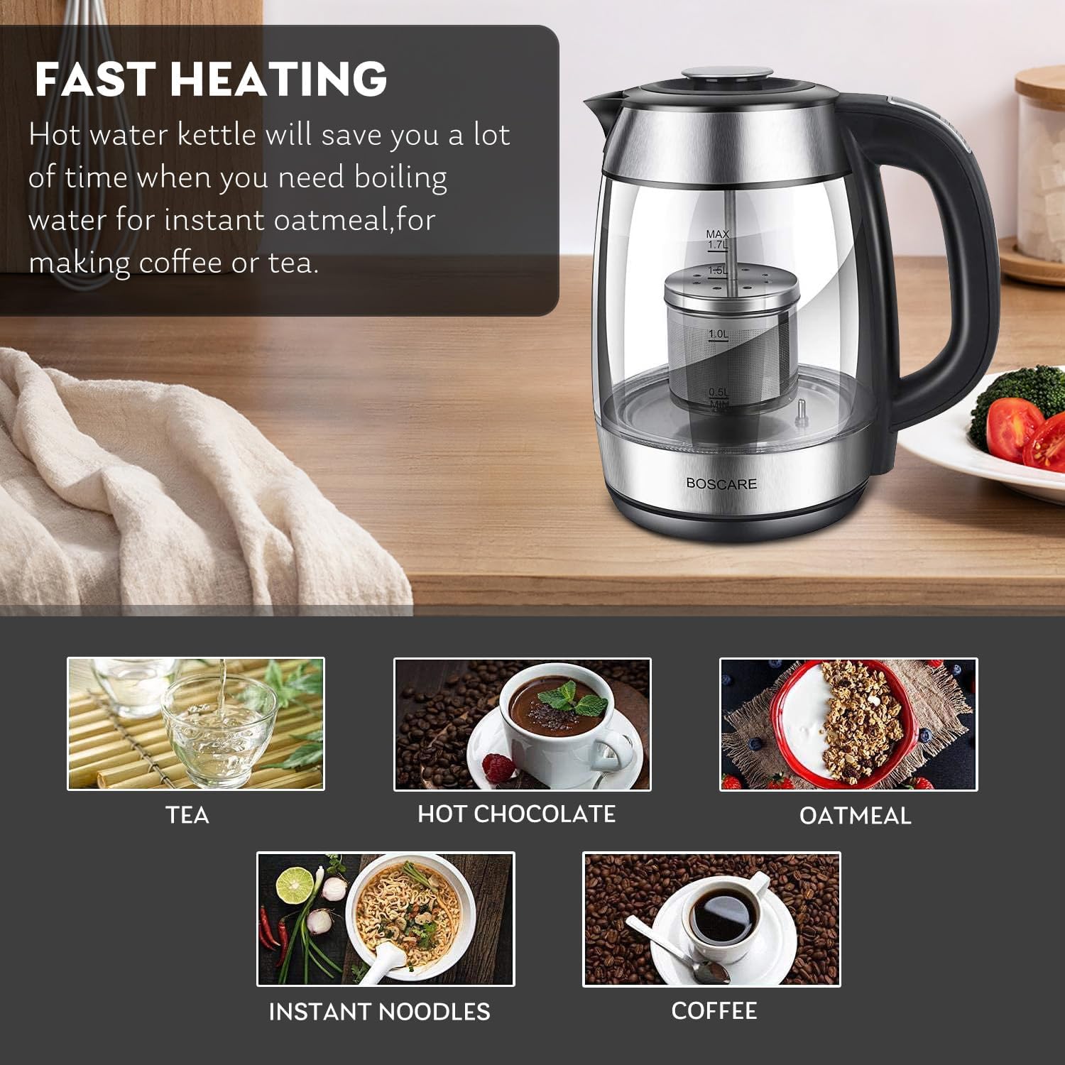 Fangflower Electric Glass Kettle with digital controls