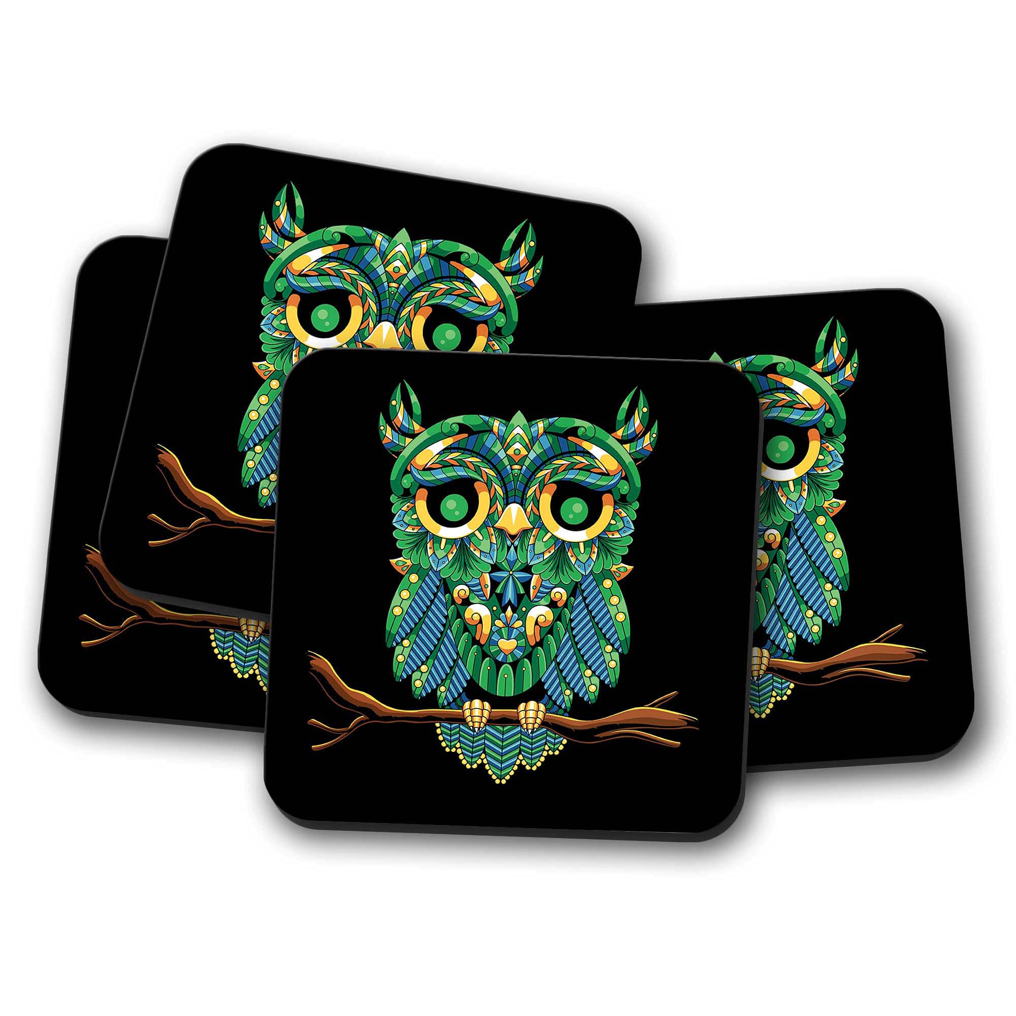 YuBingo Printed Design Table Coasters for Chai Cups in Home and Kitchen, Office Table, Dining Table, Home Decor Smart Owl (MDF, Set of 4, 9.5x9.5 Cm, Square)