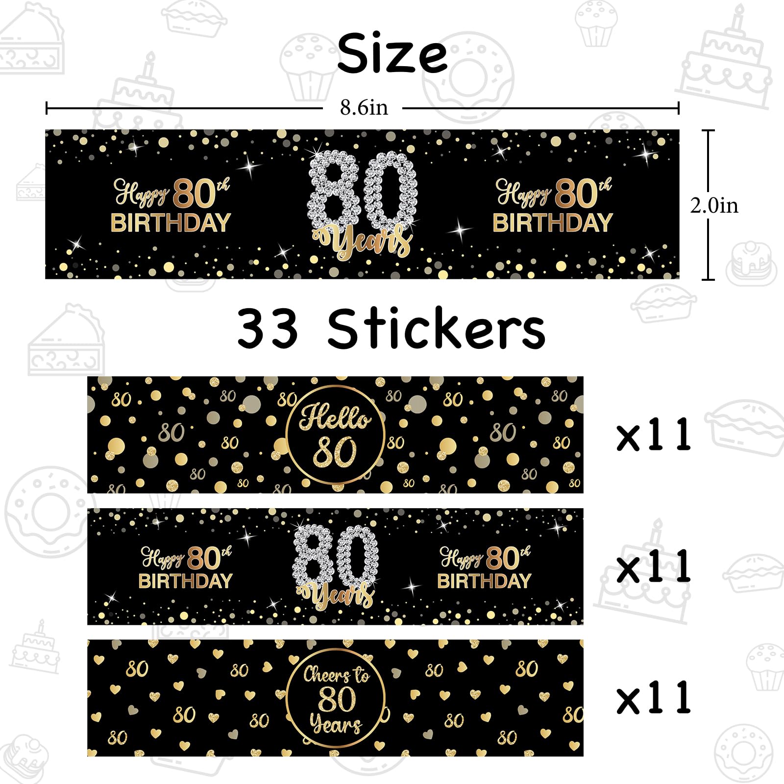 33 szt. 'Happy 80th Birthday' etykiety na butelkę wody 'Cheers to 80 Years naklejki na 80. rocznicę ślubu etykiety imprezowe znak czarny