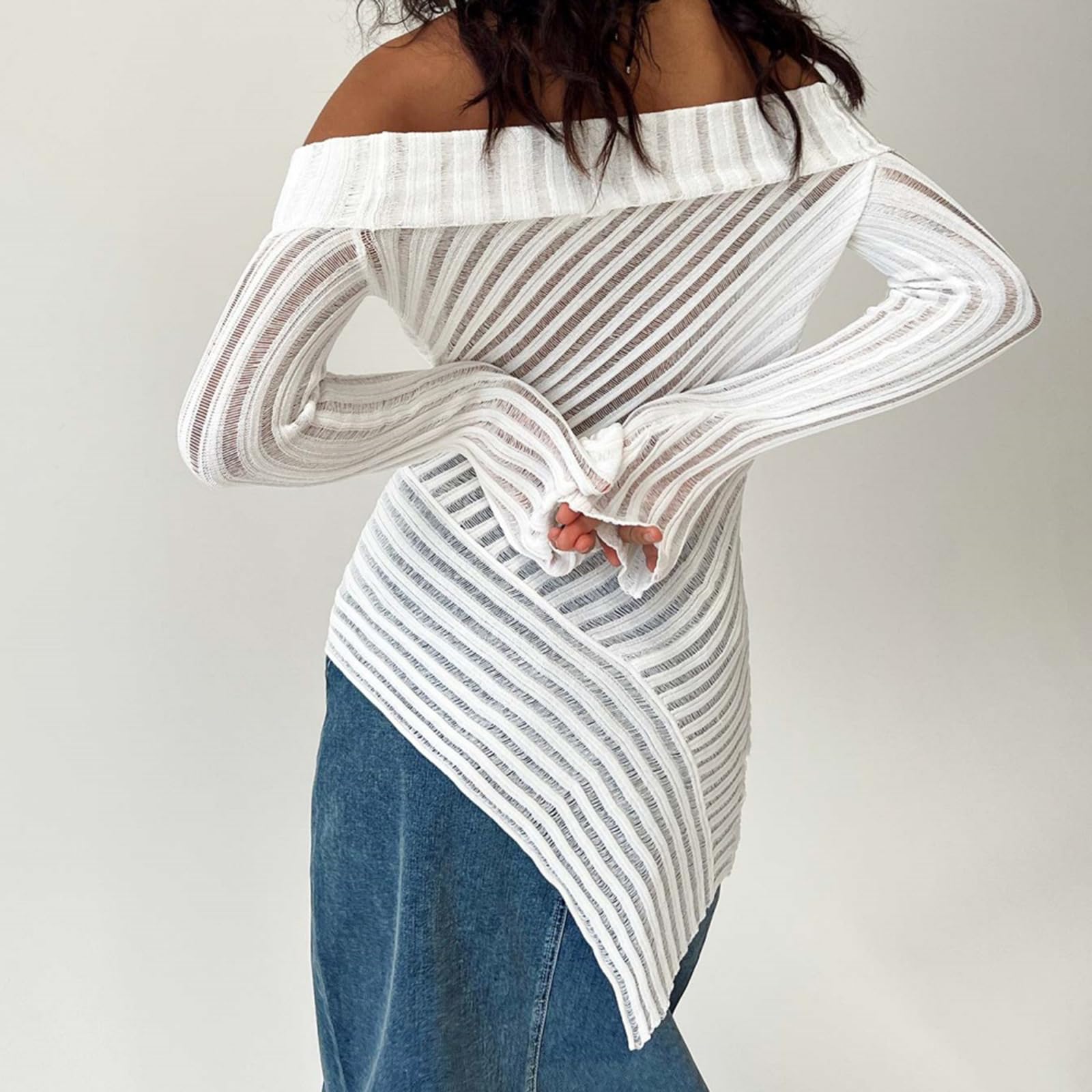 Bluzki z odkrytymi ramionami Damskie Długie rękawy Nieregularny dół Stripe Knit Slim Fit Wyjściowe topy