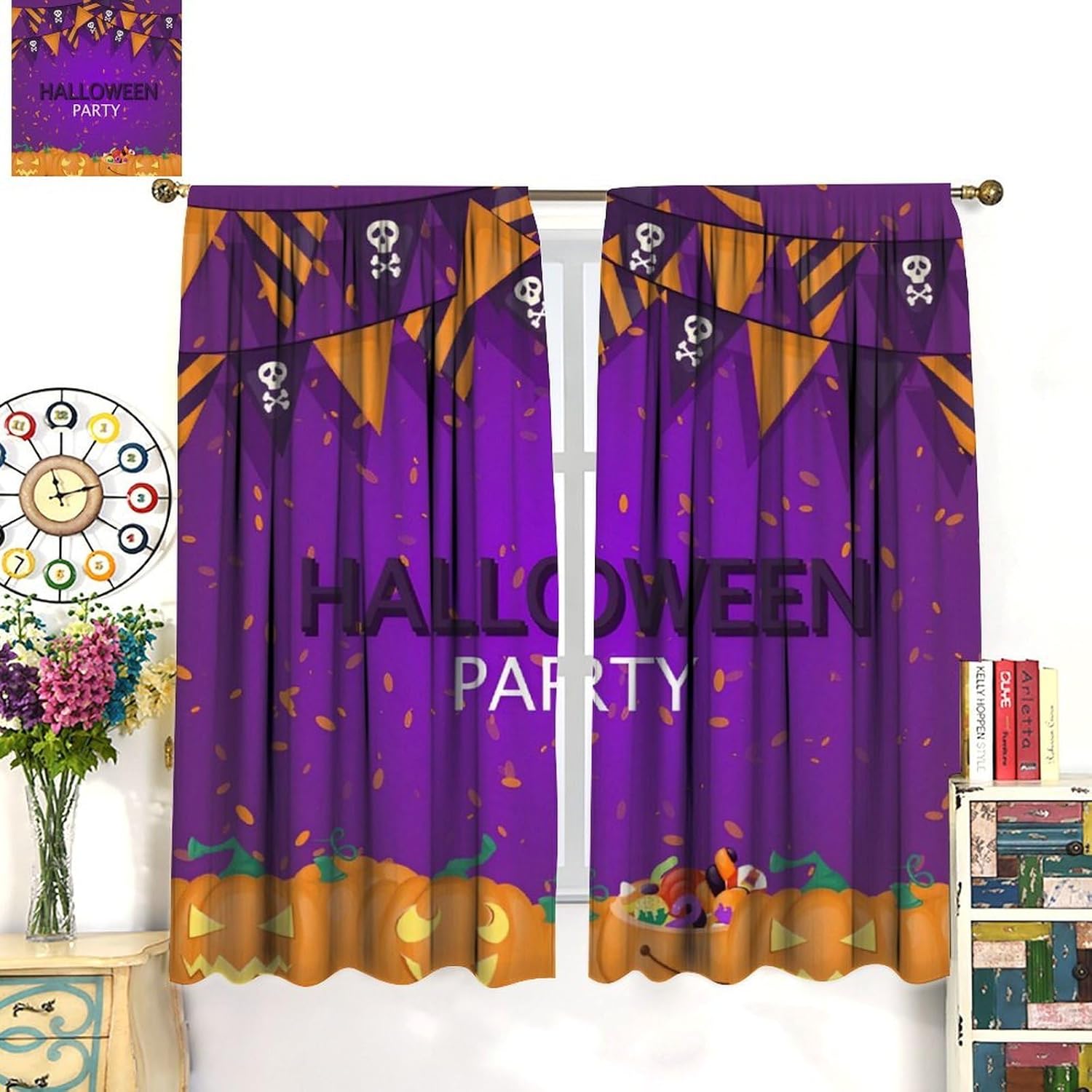 Halloween Party Blackout Curtains, Purple Background Spooky Pumpkin Skull Banners Window Drapes for Party Themed Decor Bedroom Living Room Kitchen Dining, 42" W X 45" L