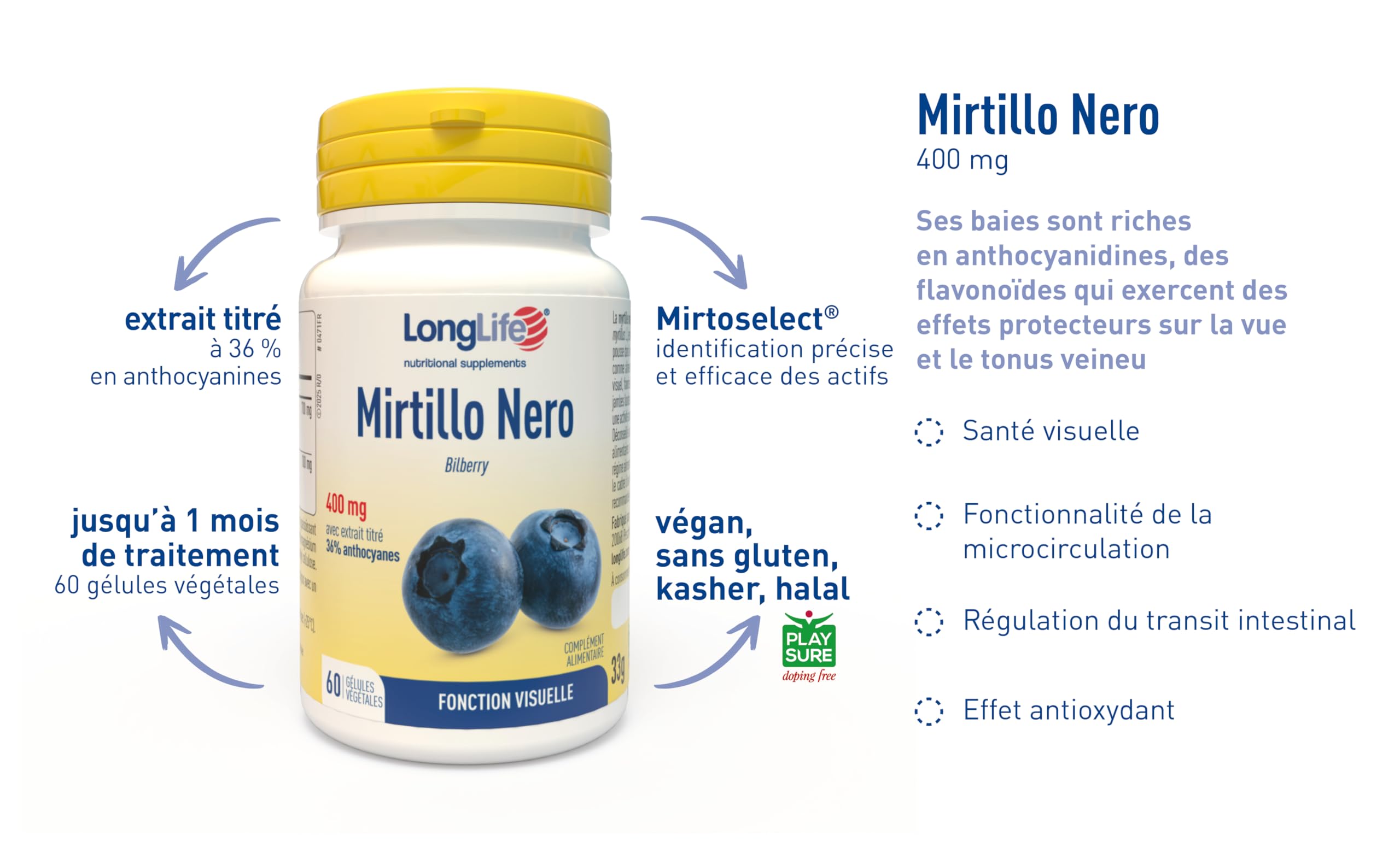 LongLife® Myrtille Noire | Extrait standardisé à 36 % en anthocyanosides (Mirtoselect®) | Minimum 800 mg | Bien-être visuel et microcirculation | Jusqu’à 1 mois de traitement | Végan et sans gluten