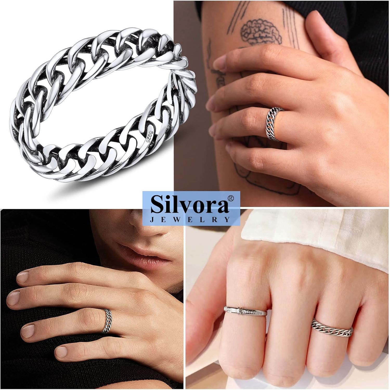 Silvora 925 Sterling Silver Cuban Link Rings, Wheat Chain Rings for Women Men Statement Stackable Jewelry for Men Size 6 - Image 2