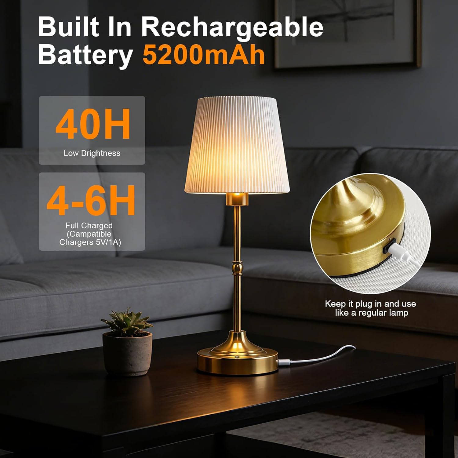 Cordless LED Table Lamp Rechargeable-5200mAh Battery Operated Lamp with Stepless Dimming,Touch Control/Smart Memory,Portable Wireless Lamp for Kid's Room/Dining Table/Bedroom/Home Decor