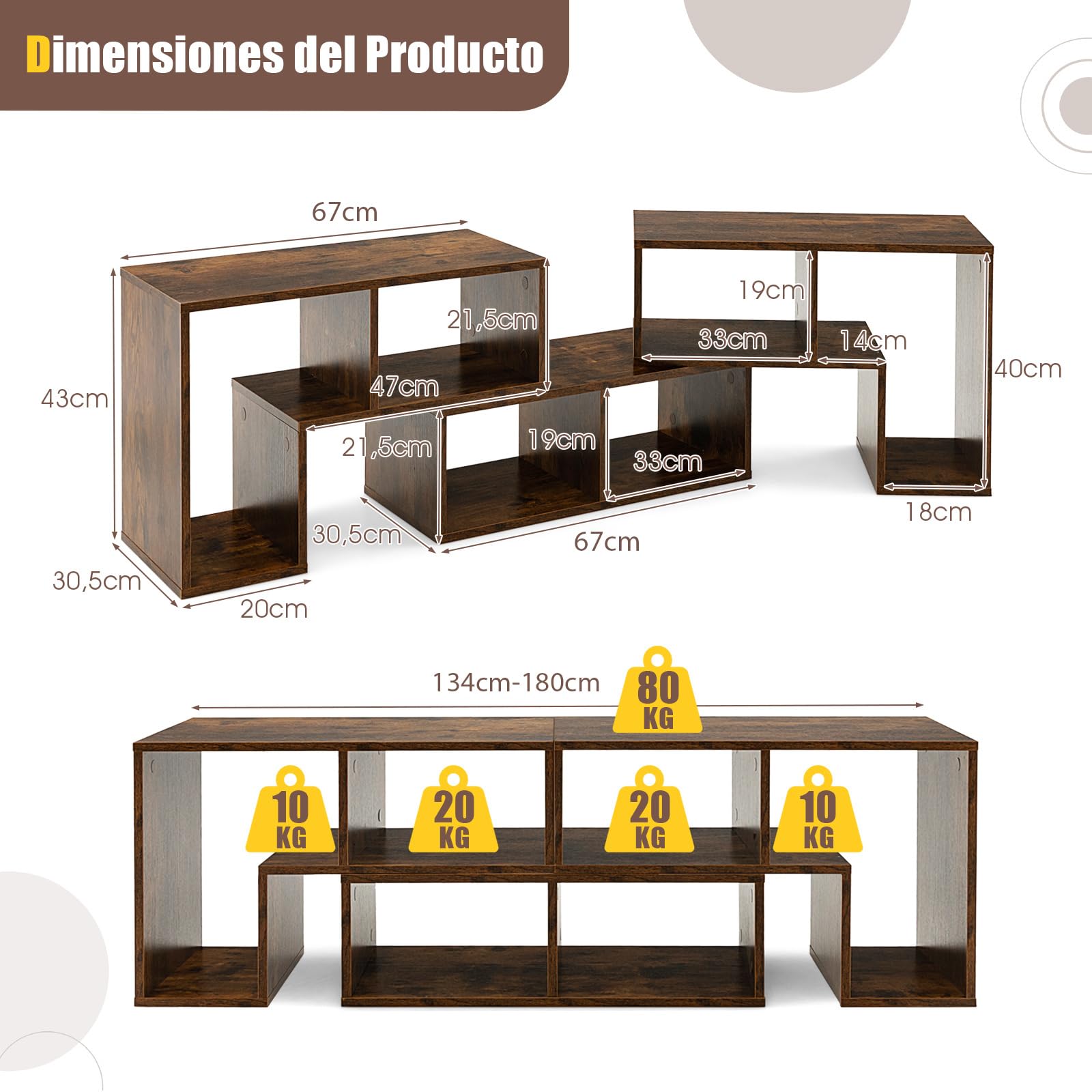 COSTWAY Consola de TV de 3 Piezas,Moderno Centro de Entretenimiento para Televisores 50-65 Pulgadas, Combinación de Librería para Almacenamiento y Exposición, Salón, Dormitorio y Estudio (marrón)