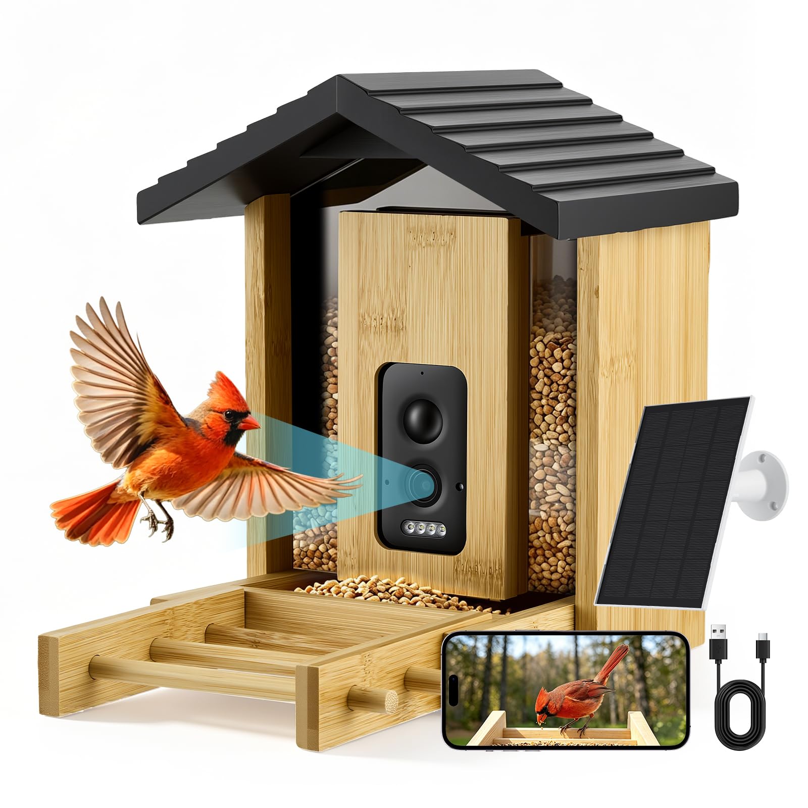 Smart Bird Feeder with Camera, 2.5K HD Live View, Free AI Bird Detection, Full Colour Night Vision,Motion Alerts,2.4GHz WiFi Solar Powered Smart Feeder for Bird Lovers,for Alexa & Google Home