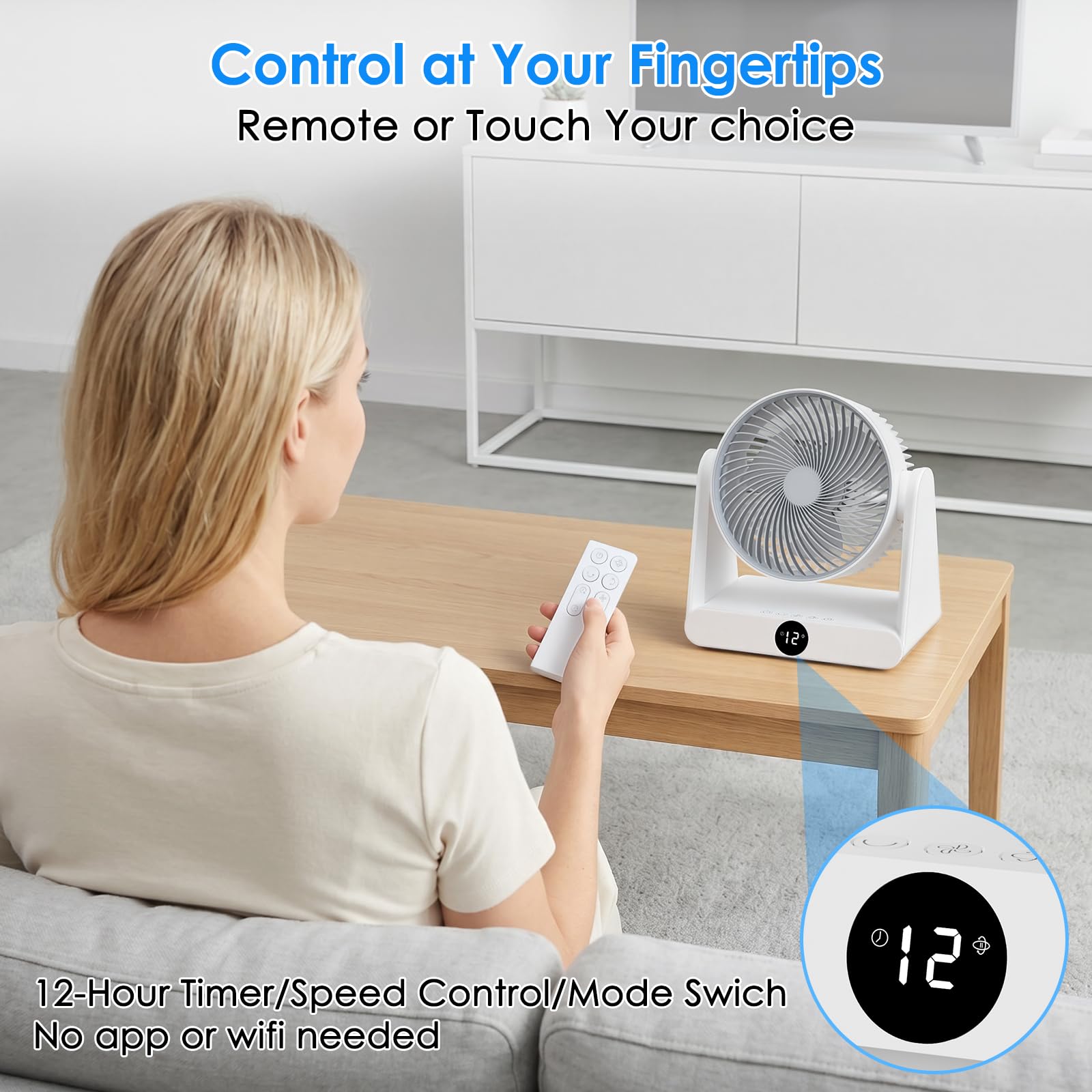 Ventilador de Mesa Silencioso de 12 Velocidades con Mando,Ventilador Pequeño Portatil con Oscilación Automática 90º+90º, Temporizador 12H,Alcance de hasta 10M para Oficina, Dormitorio, 30 m²